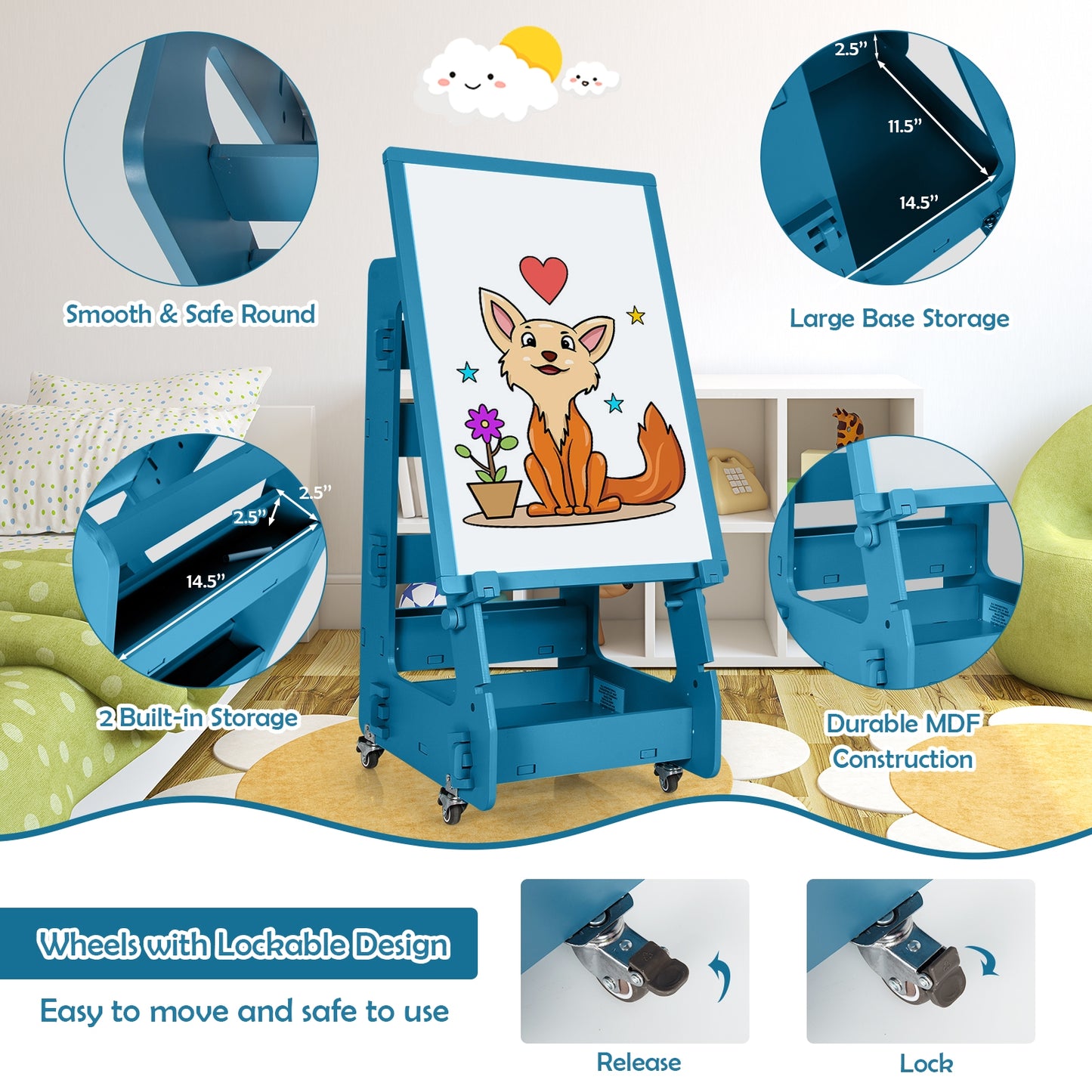 Multifunctional Kids' Standing Art Easel with Dry-Erase Board-Navy Kids Crystal