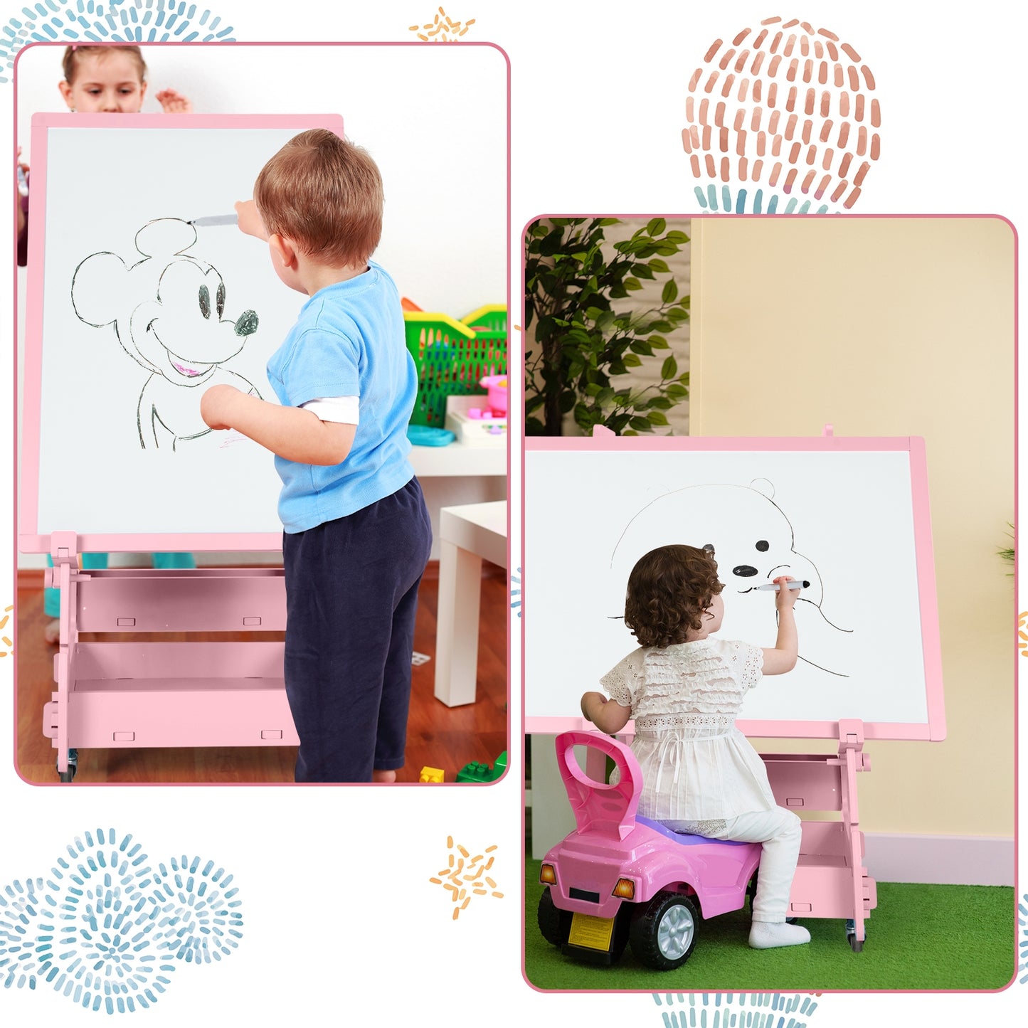 Multifunctional Kids' Standing Art Easel with Dry-Erase Board-Pink Kids Crystal