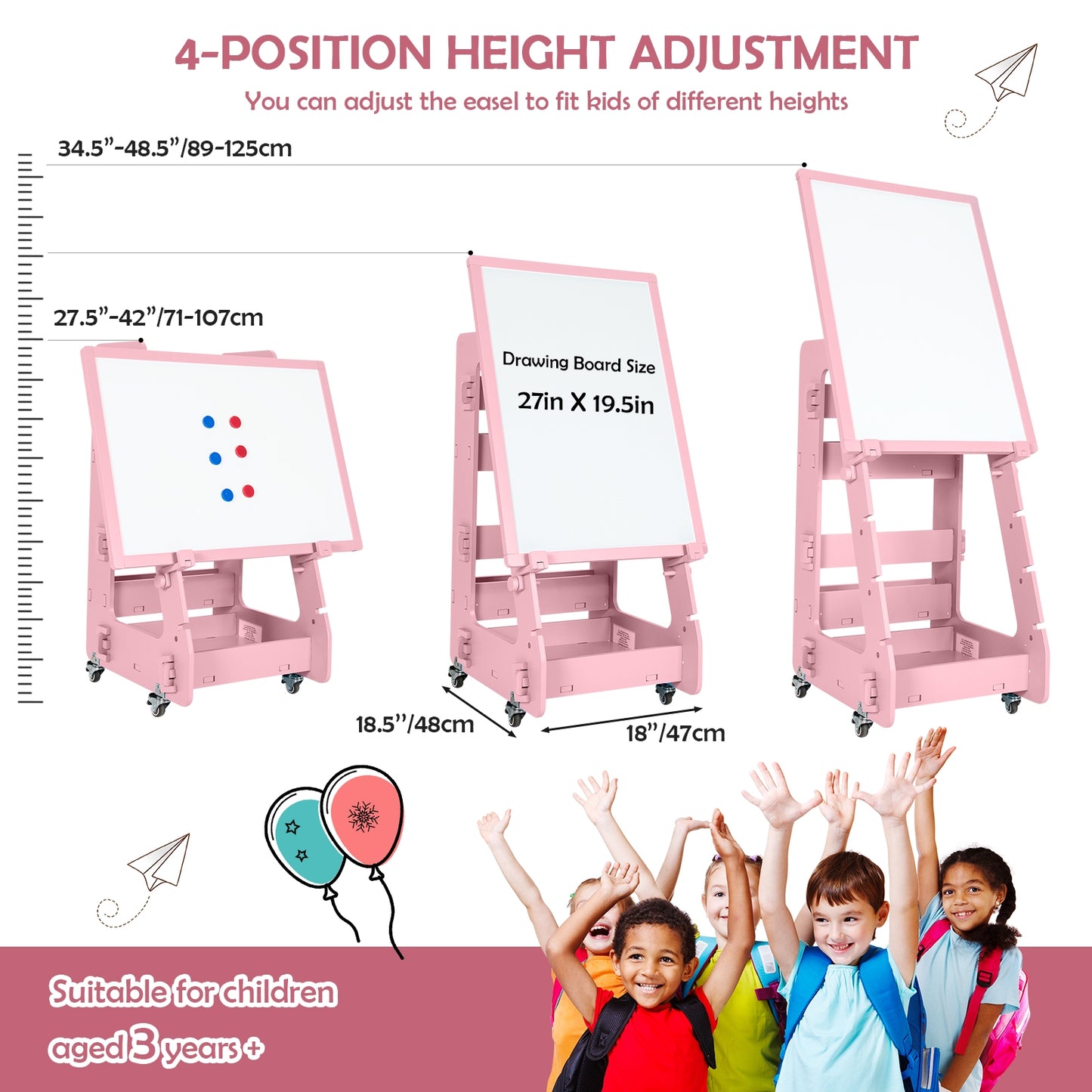 Multifunctional Kids' Standing Art Easel with Dry-Erase Board-Pink Kids Crystal