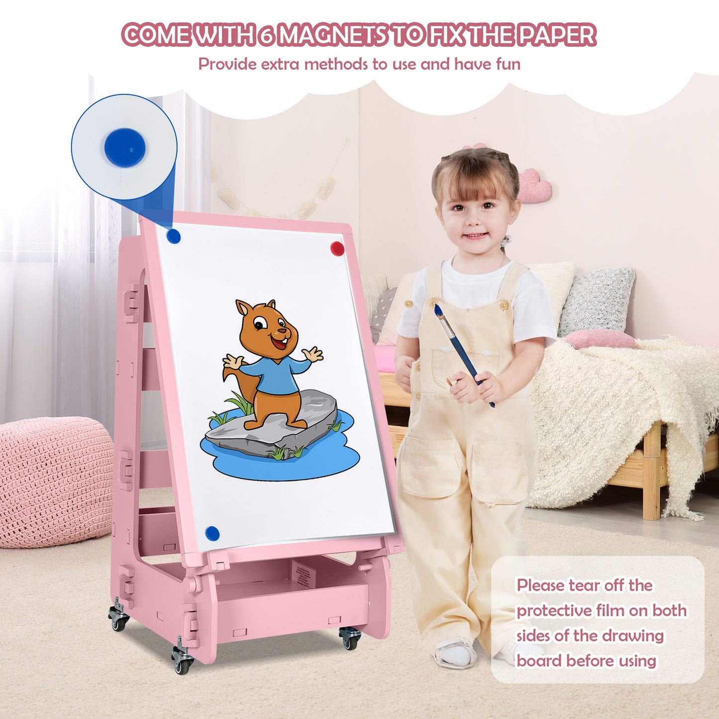 Multifunctional Kids' Standing Art Easel with Dry-Erase Board-Pink Kids Crystal