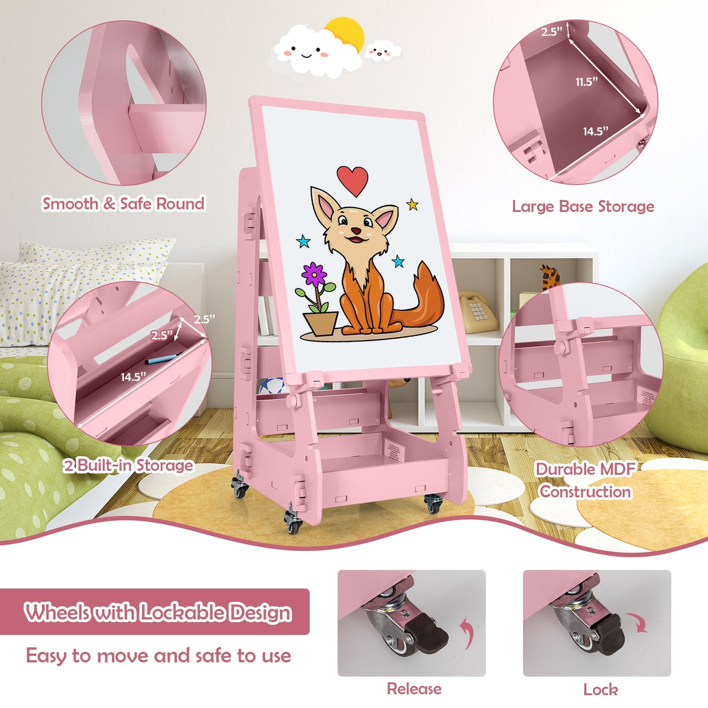 Multifunctional Kids' Standing Art Easel with Dry-Erase Board-Pink Kids Crystal