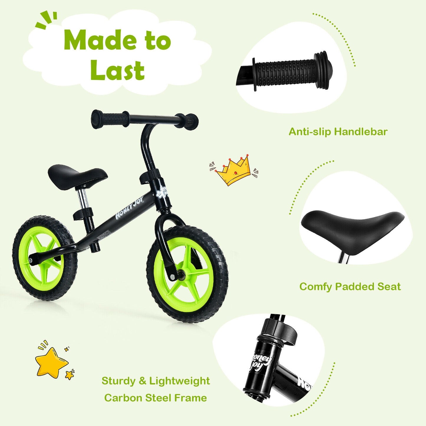 Kids No Pedal Balance Bike with Adjustable Handlebar and Seat-Black Kids Crystal