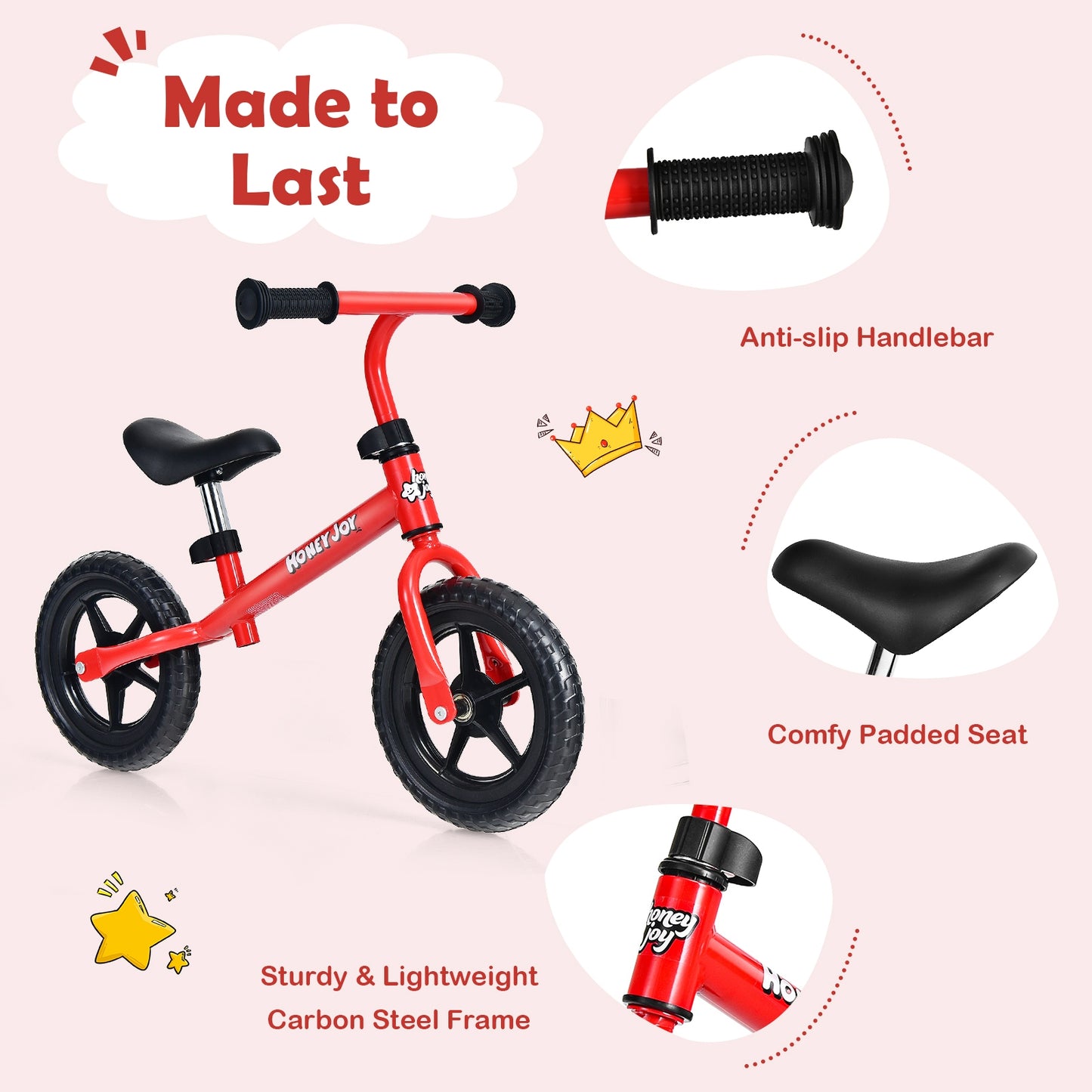 Kids No Pedal Balance Bike with Adjustable Handlebar and Seat-Red Kids Crystal