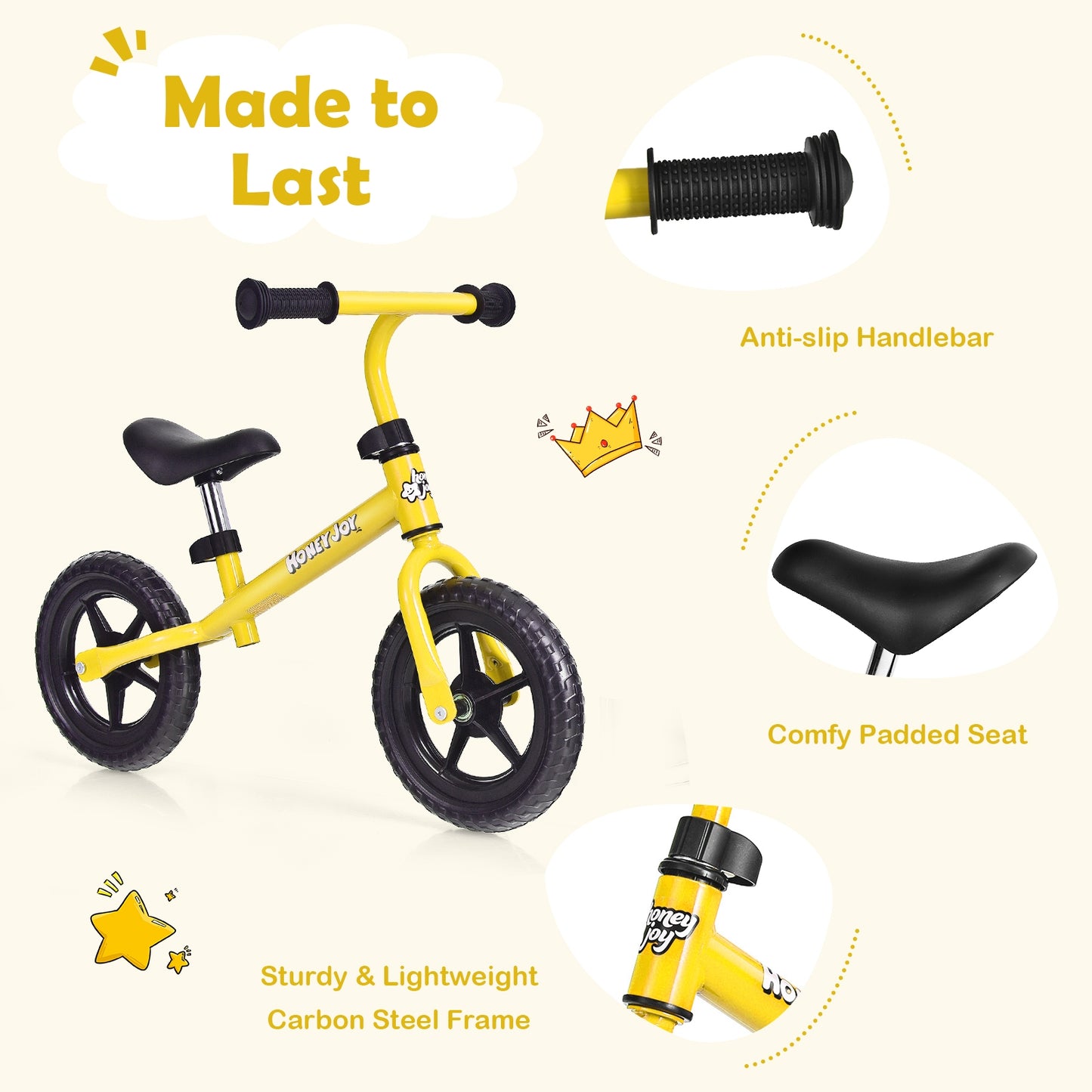 Kids No Pedal Balance Bike with Adjustable Handlebar and Seat-Yellow Kids Crystal