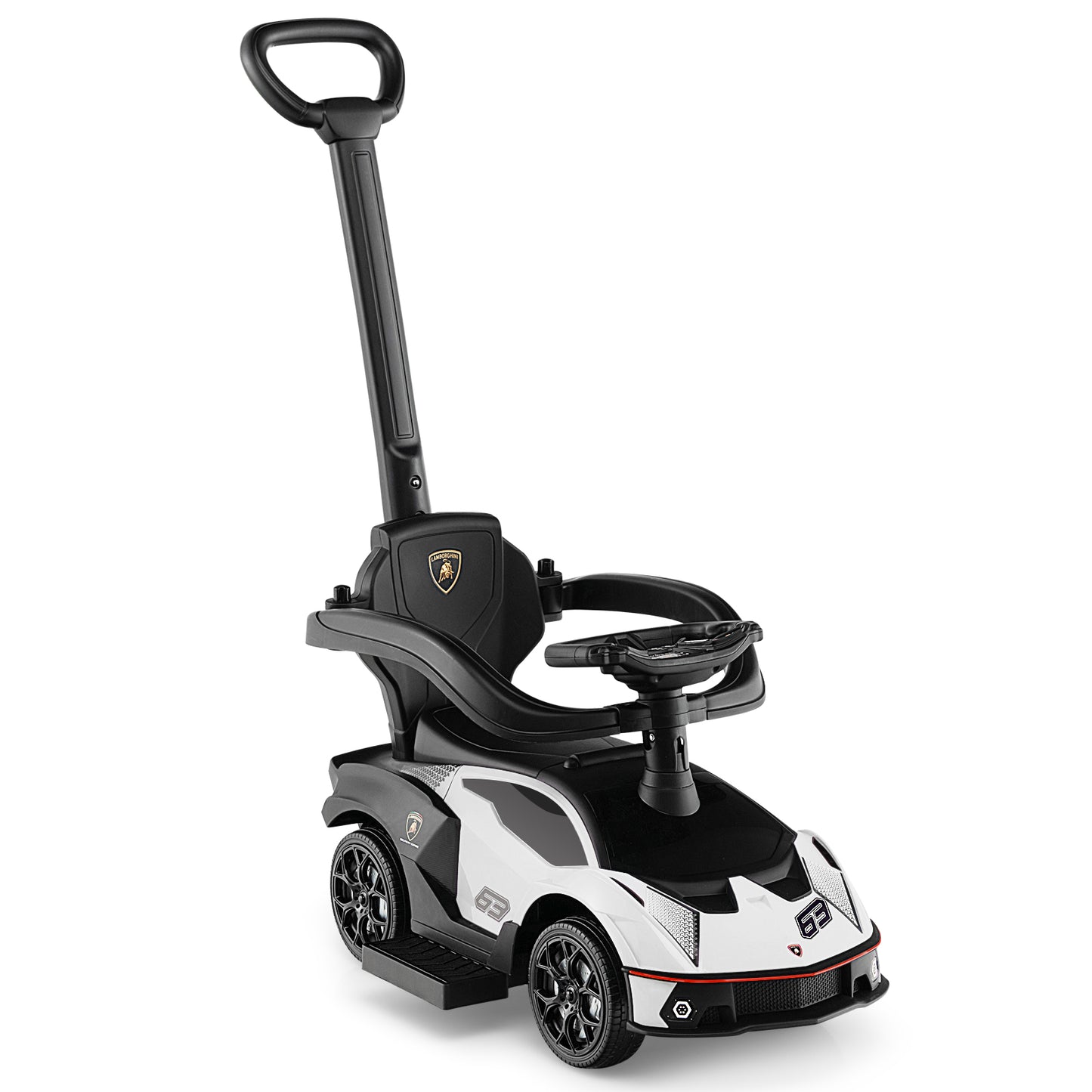 3-in-1 Licensed Lamborghini Ride on Push Car with Handle Guardrail-White Kids Crystal