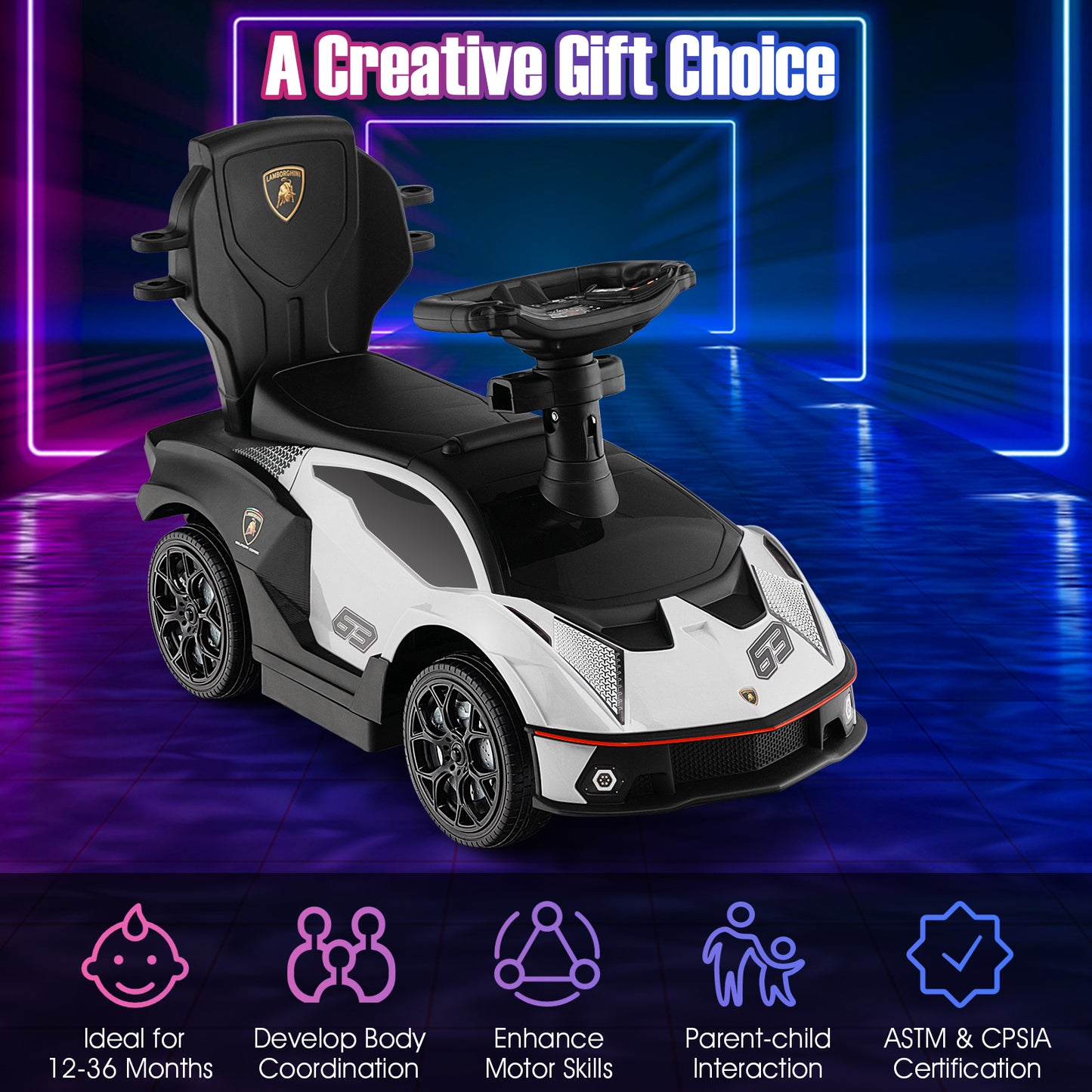 3-in-1 Licensed Lamborghini Ride on Push Car with Handle Guardrail-White Kids Crystal