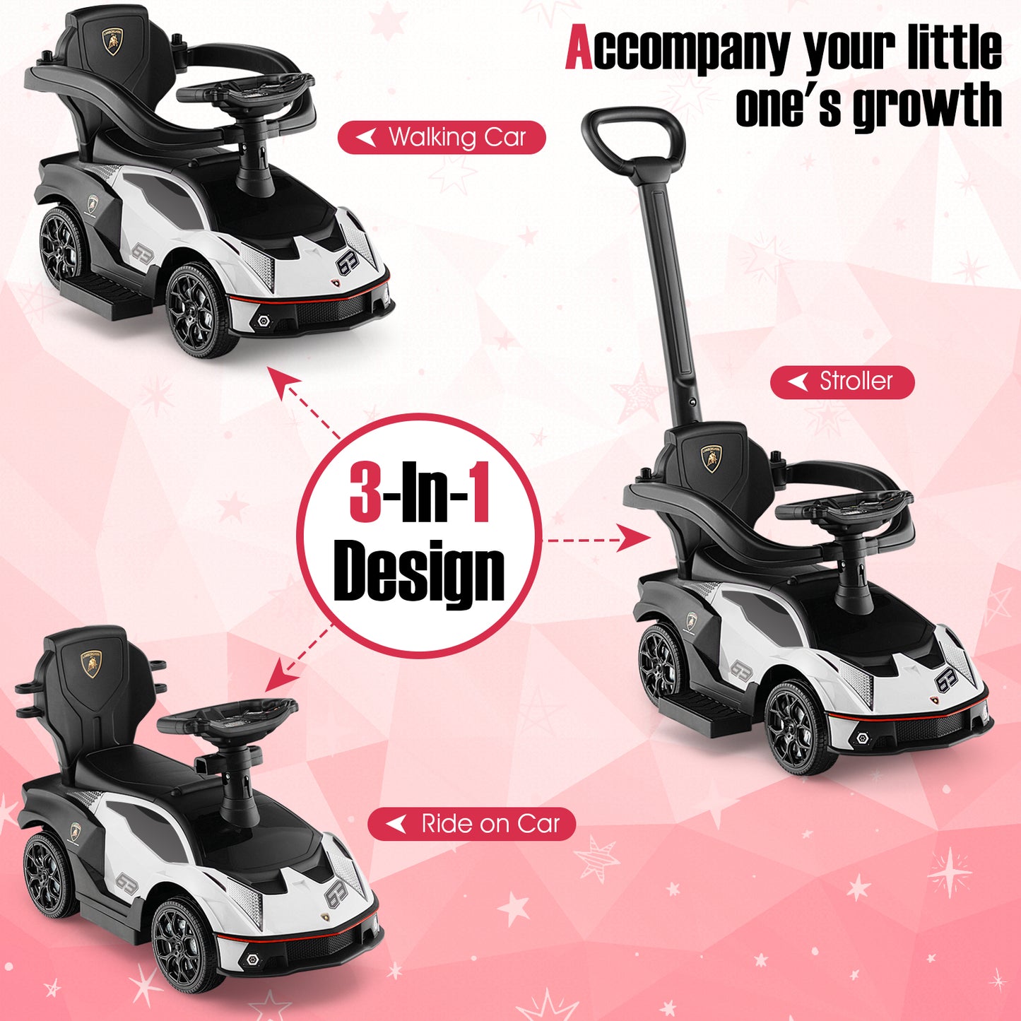 3-in-1 Licensed Lamborghini Ride on Push Car with Handle Guardrail-White Kids Crystal