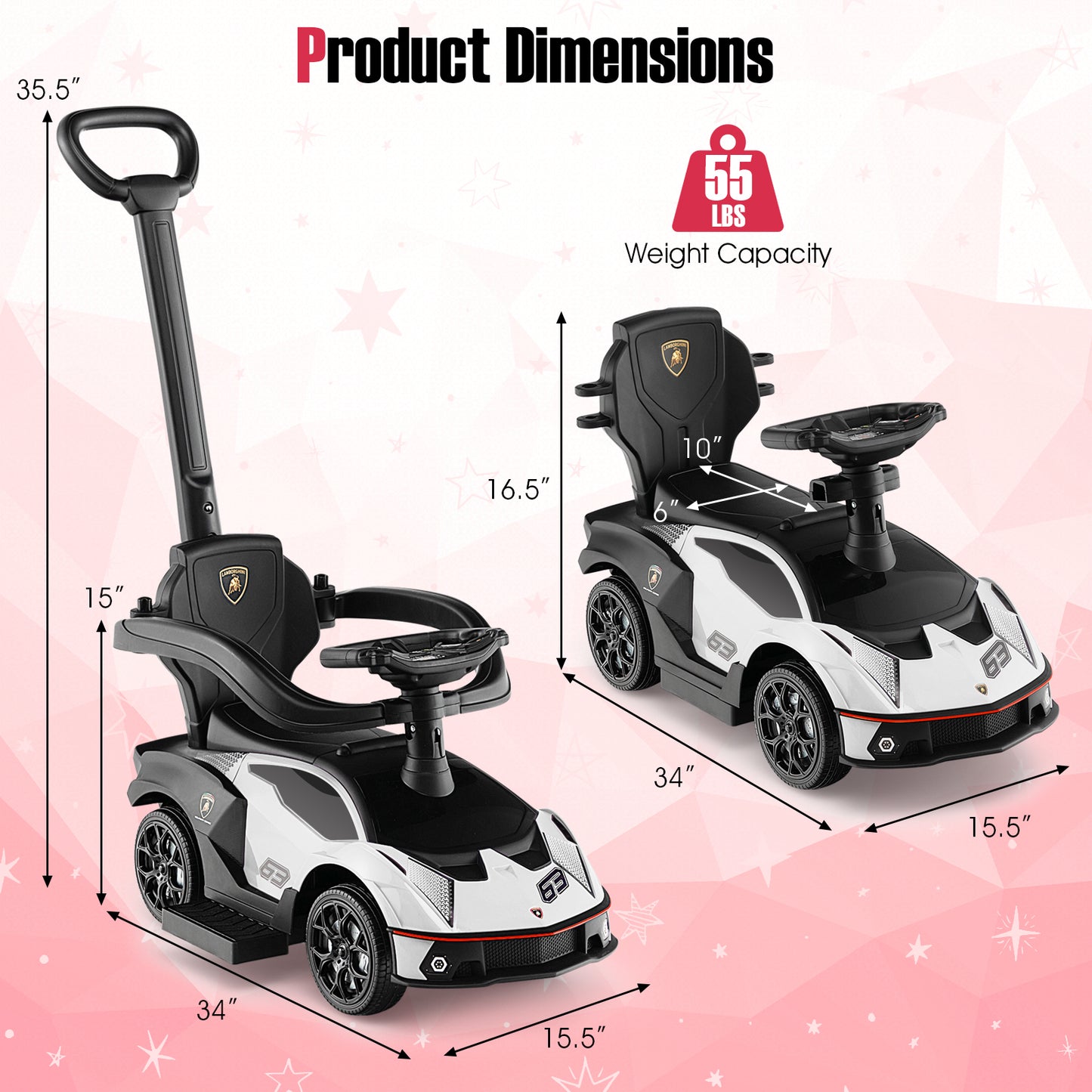 3-in-1 Licensed Lamborghini Ride on Push Car with Handle Guardrail-White Kids Crystal
