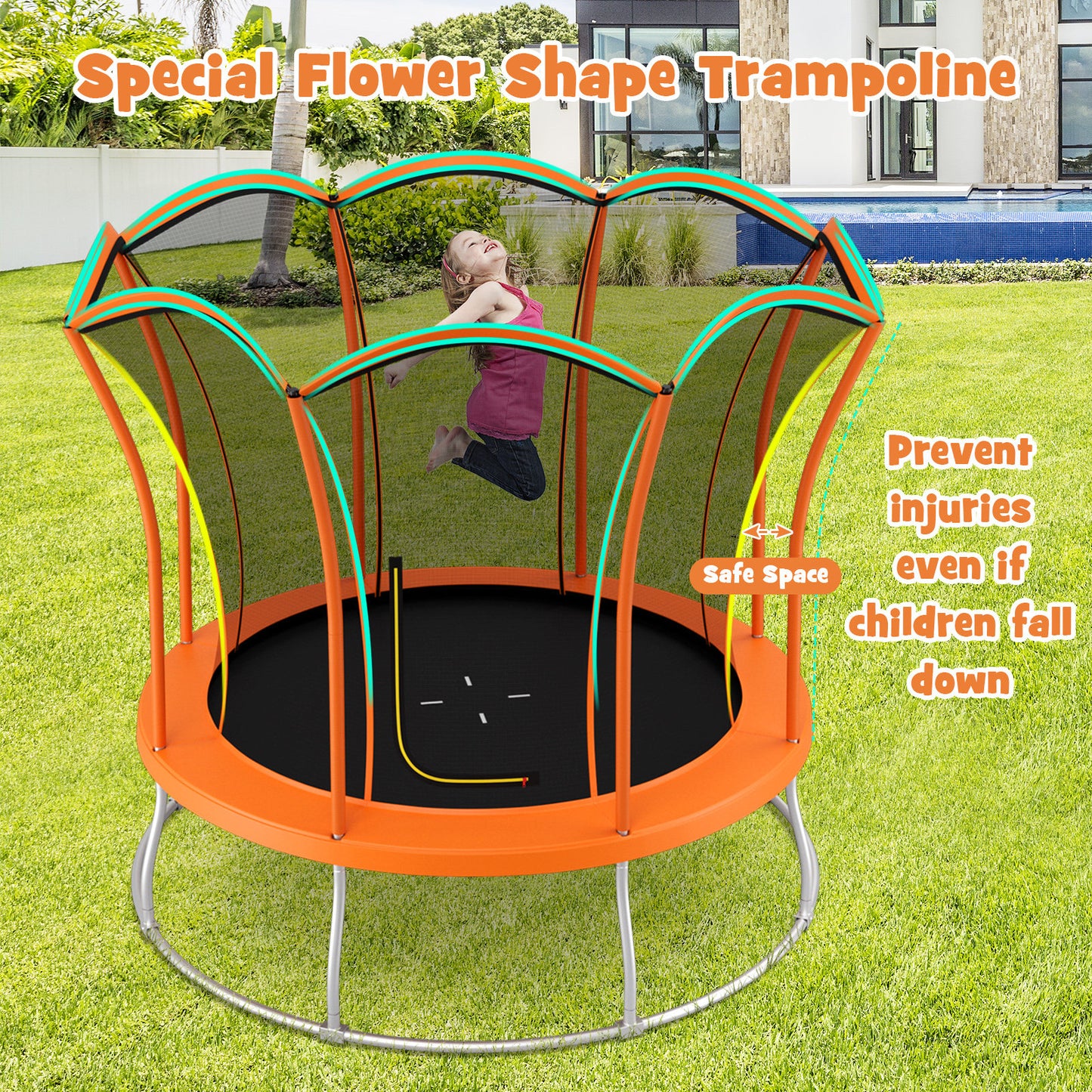 10 Feet Unique Flower Shape Trampoline with Galvanized Steel Frame-Orange Kids Crystal