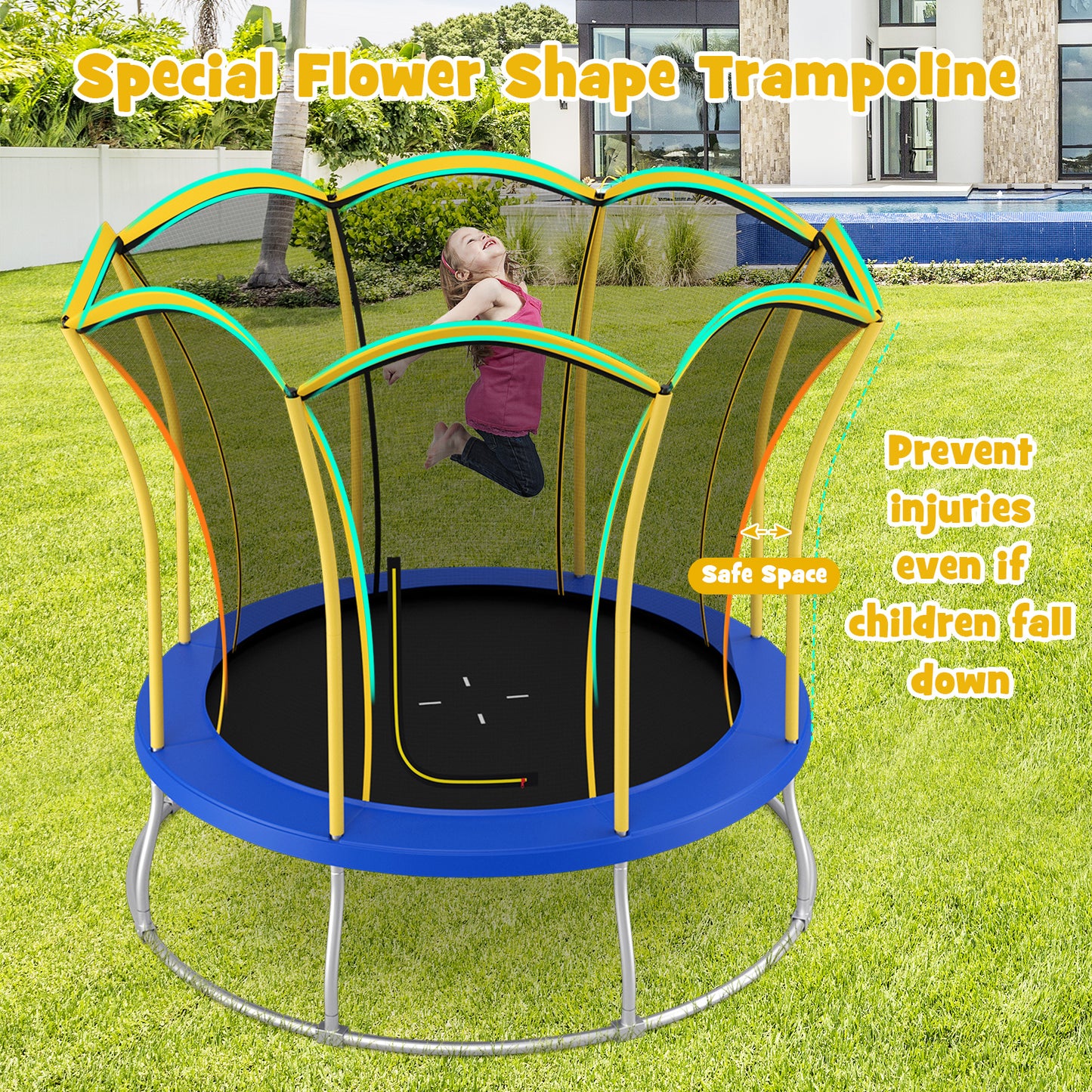 10 Feet Unique Flower Shape Trampoline with Galvanized Steel Frame-Yellow Kids Crystal