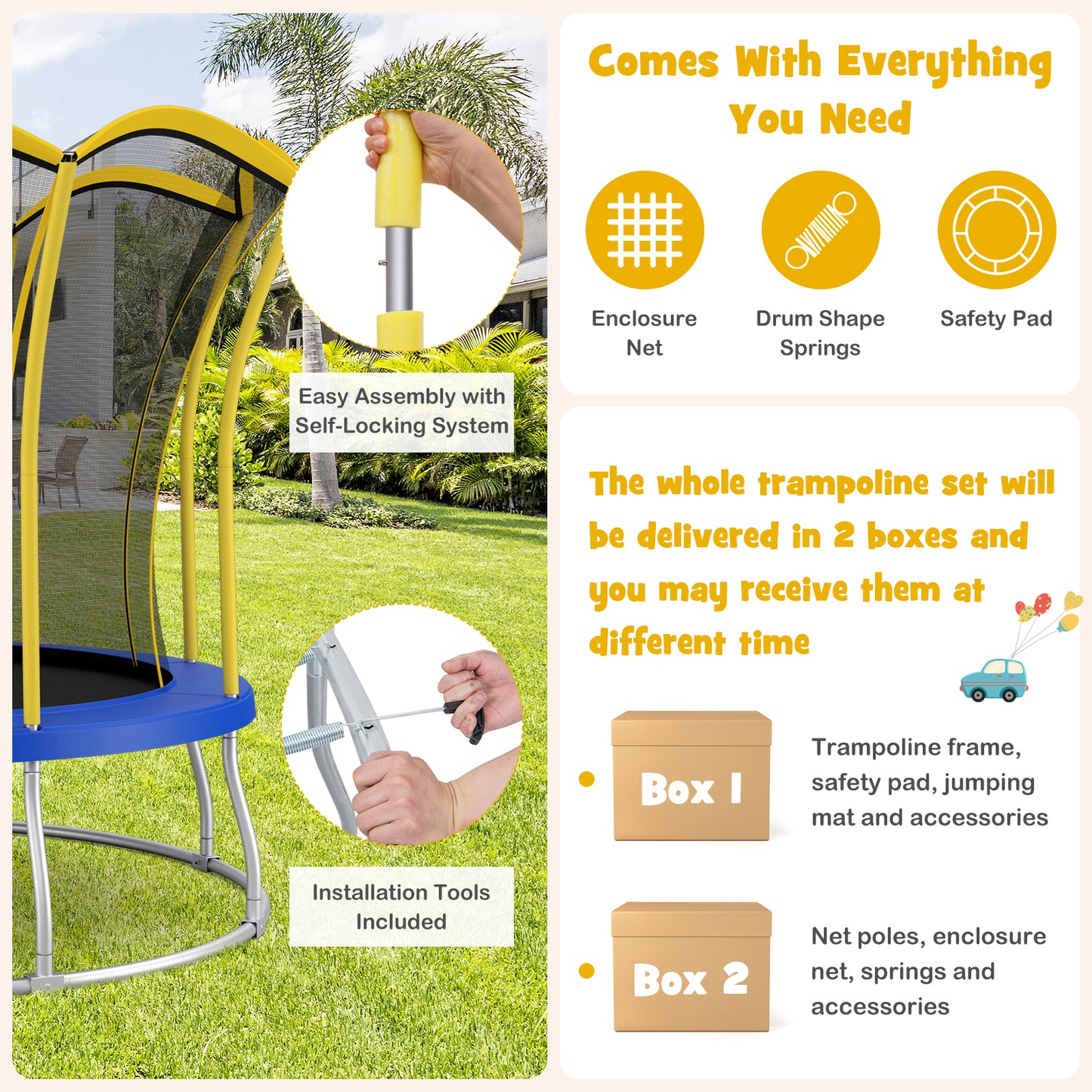 10 Feet Unique Flower Shape Trampoline with Galvanized Steel Frame-Yellow Kids Crystal