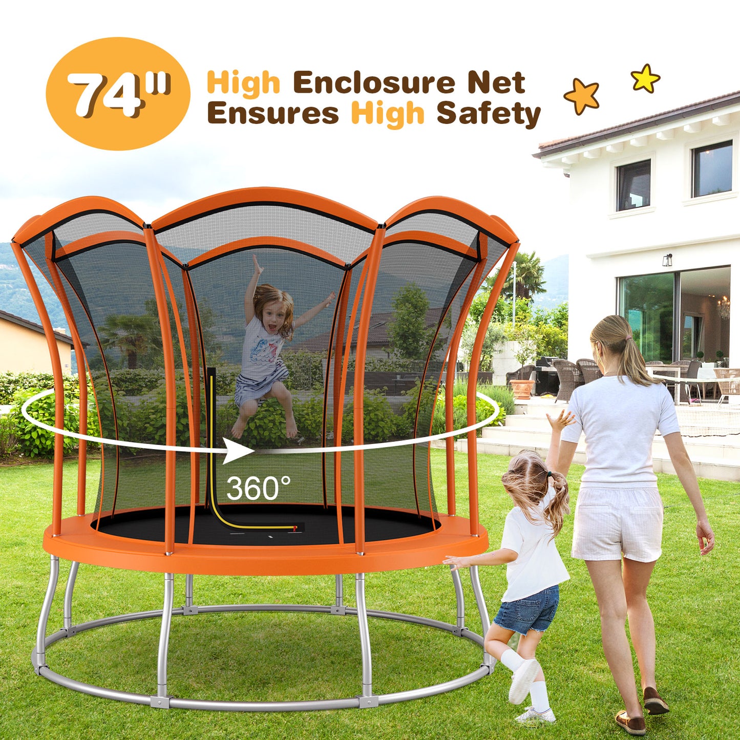 8 Feet Outdoor Unique Flower Shape Trampoline with Enclosure Net-Orange Kids Crystal