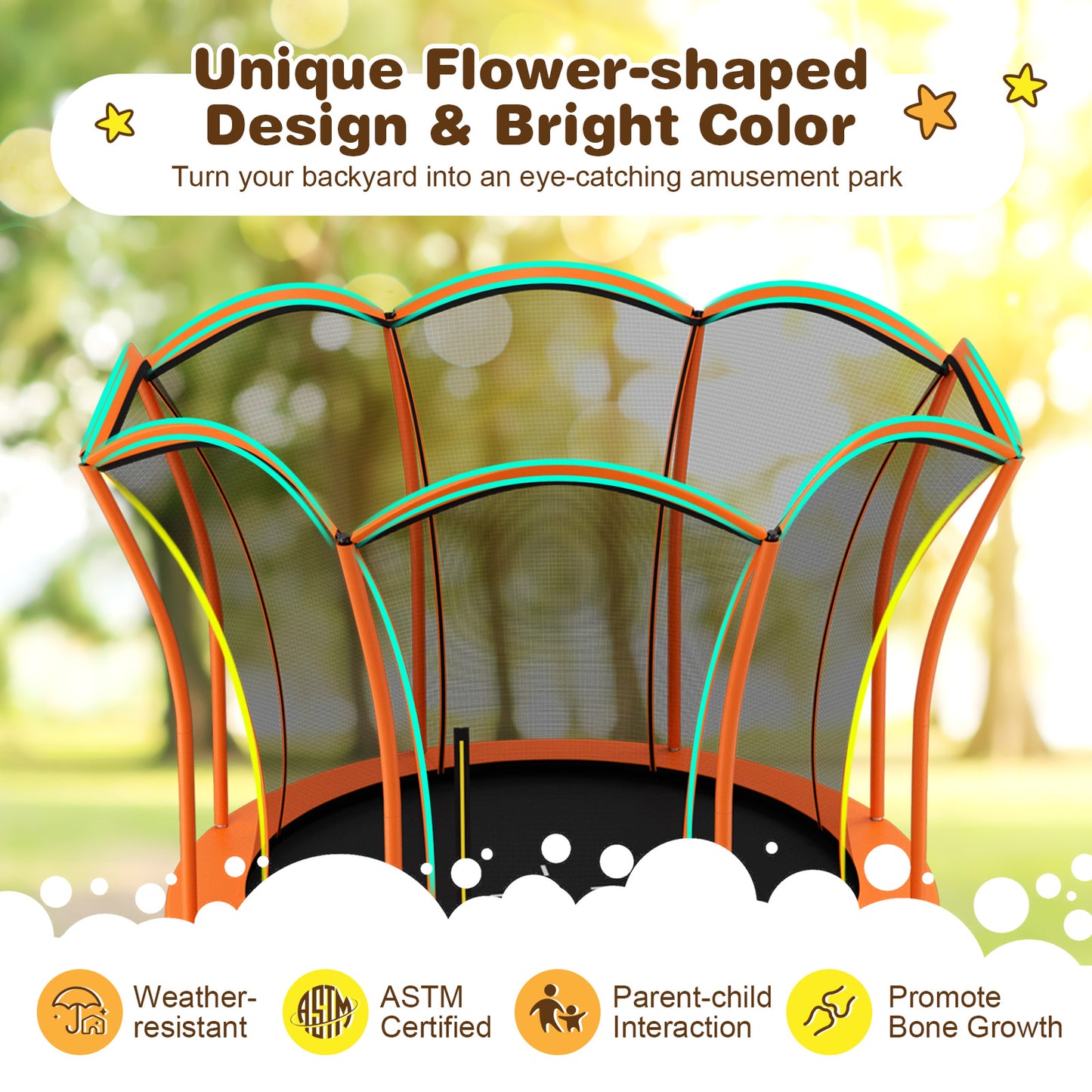 8 Feet Outdoor Unique Flower Shape Trampoline with Enclosure Net-Orange Kids Crystal