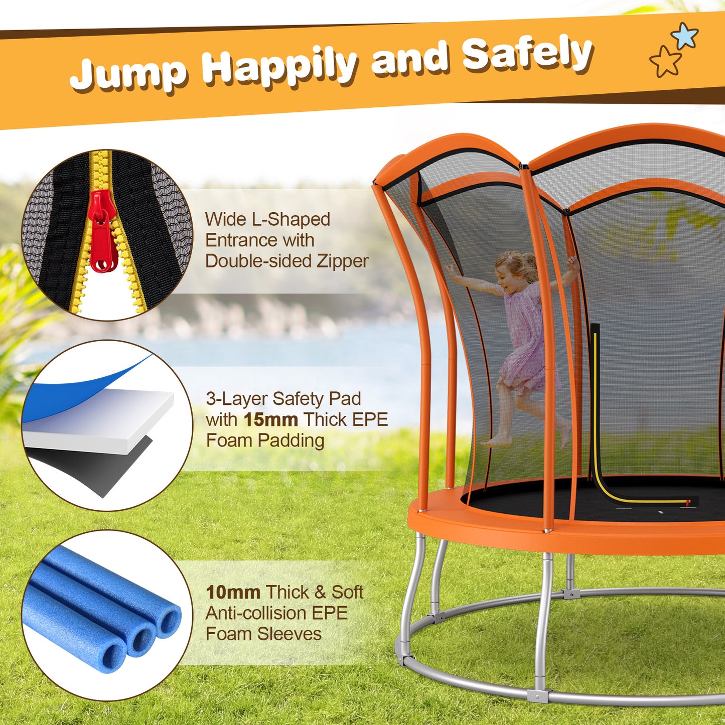 8 Feet Outdoor Unique Flower Shape Trampoline with Enclosure Net-Orange Kids Crystal