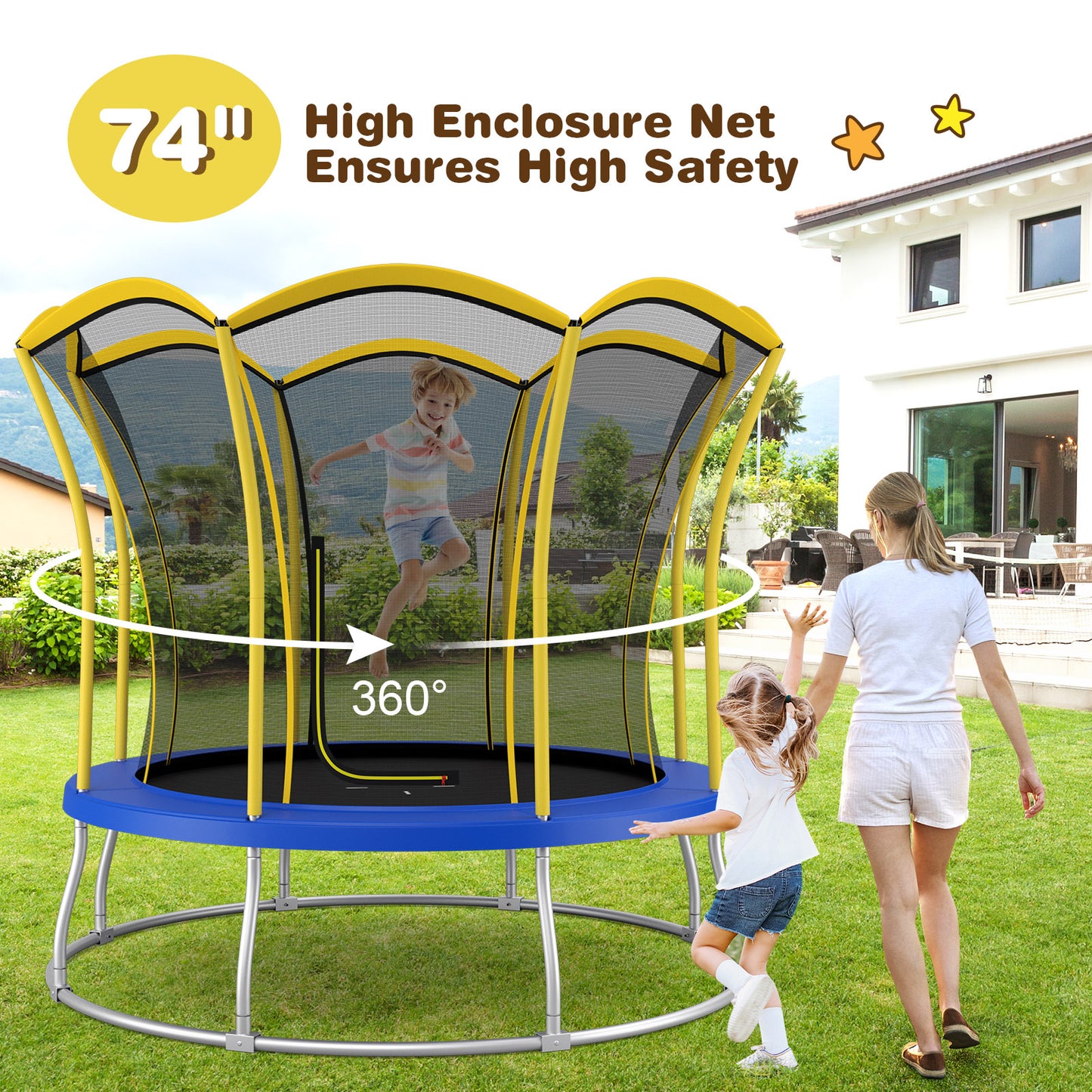 8 Feet Outdoor Unique Flower Shape Trampoline with Enclosure Net-Yellow Kids Crystal