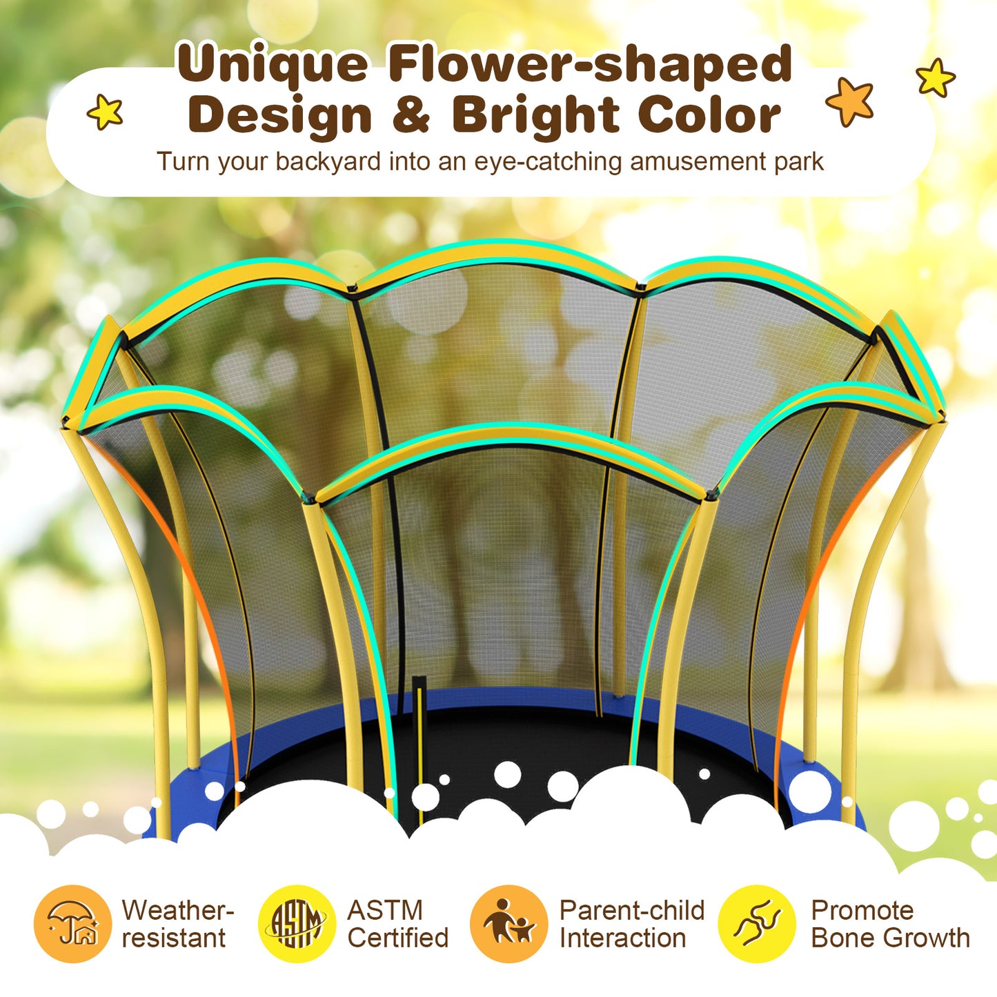 8 Feet Outdoor Unique Flower Shape Trampoline with Enclosure Net-Yellow Kids Crystal