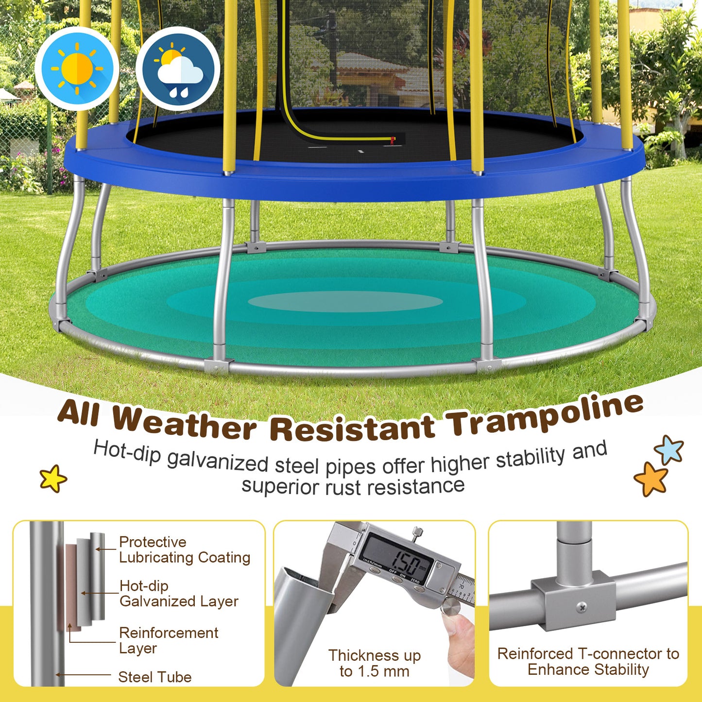 8 Feet Outdoor Unique Flower Shape Trampoline with Enclosure Net-Yellow Kids Crystal