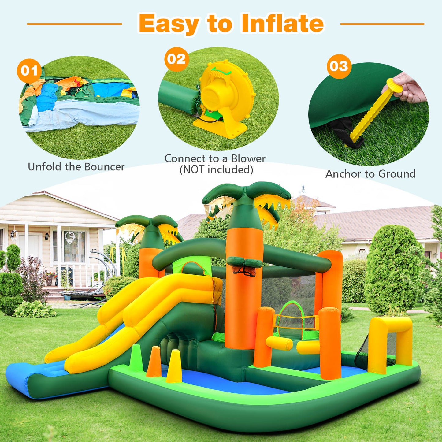8-in-1 Tropical Inflatable Bounce Castle with 2 Ball Pits Slide and Tunnel Without Blower Kids Crystal