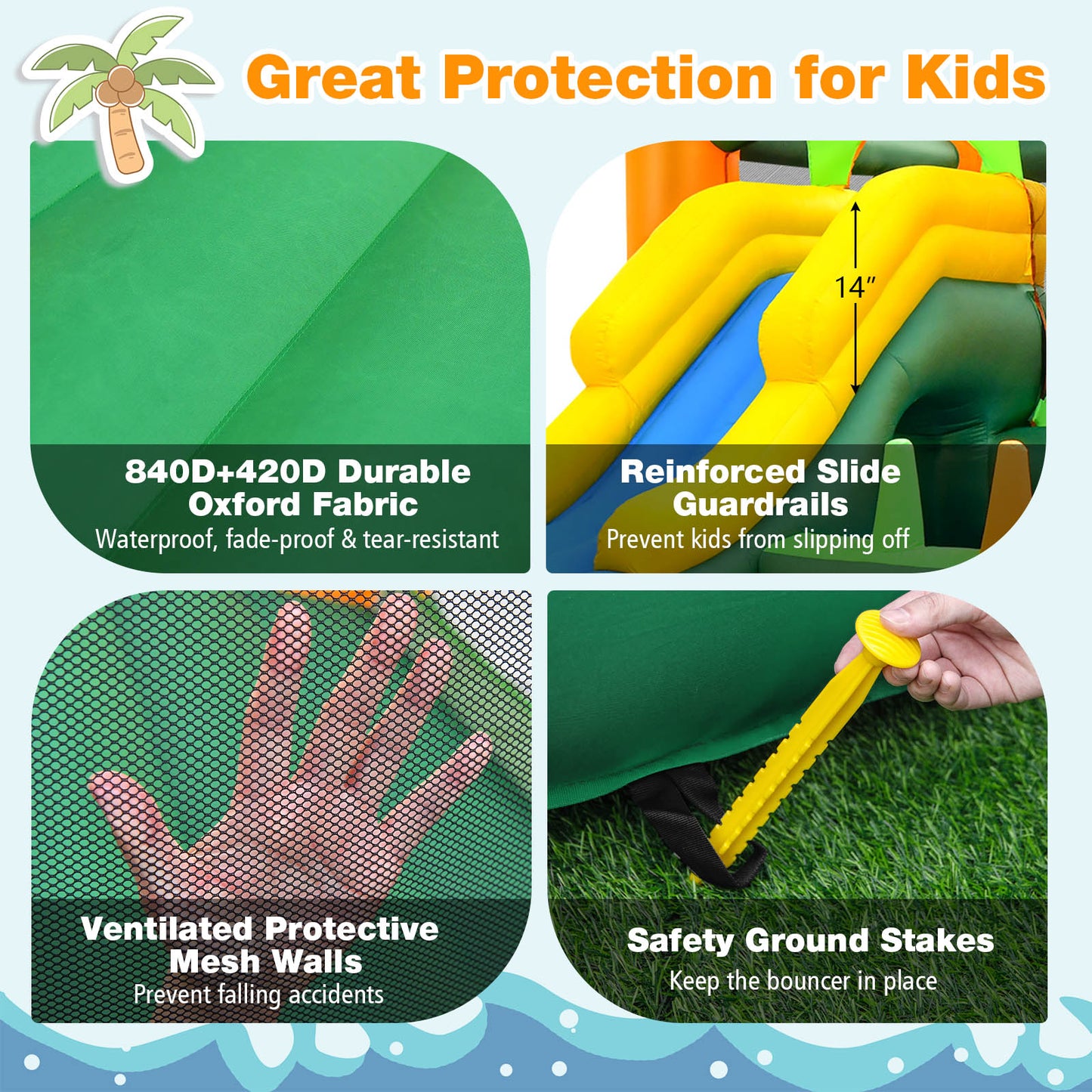 8-in-1 Tropical Inflatable Bounce Castle with 2 Ball Pits Slide and Tunnel Without Blower Kids Crystal