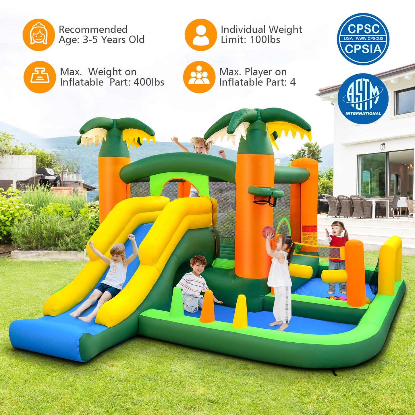 Big Inflatable Bounce House with Slide and Ball Pits for Indoor and Outdoor with 735W Blower Kids Crystal