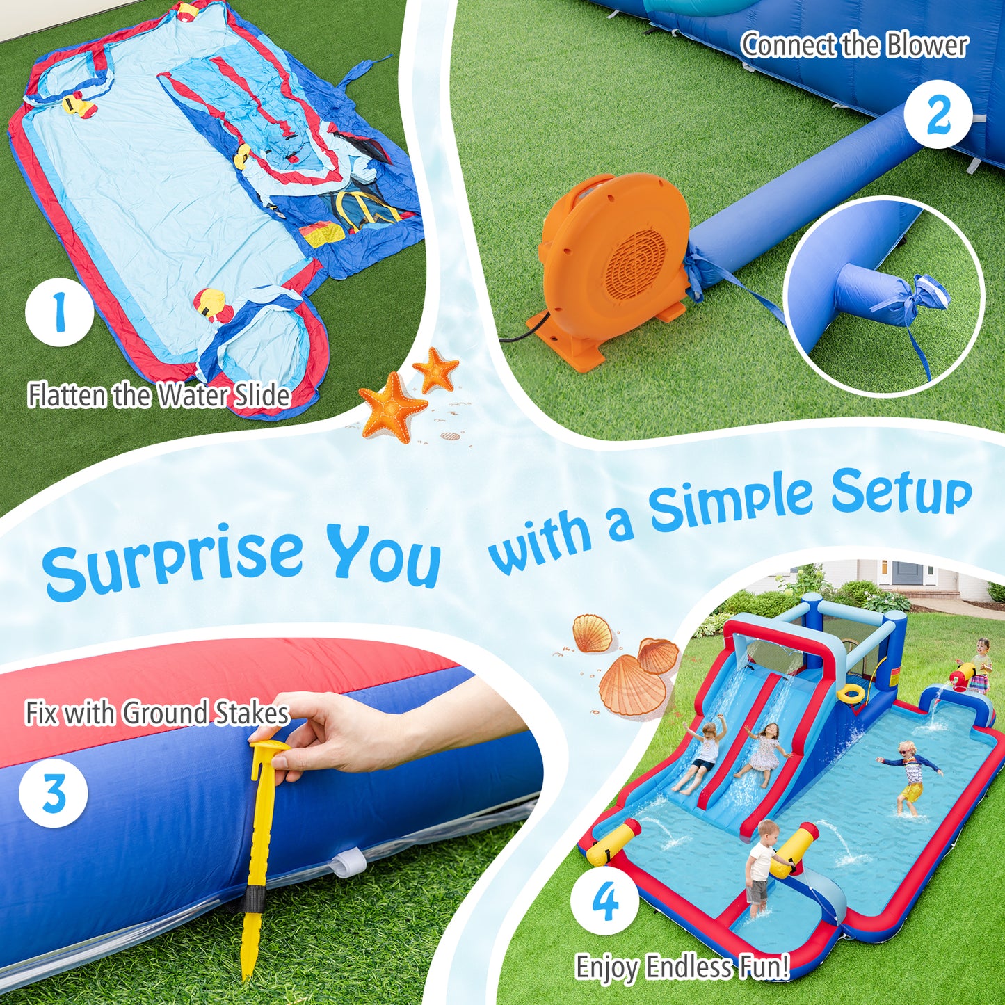 Inflatable Bounce House with 2 Water Slides and 3 Water Cannons With 680W Blower Kids Crystal