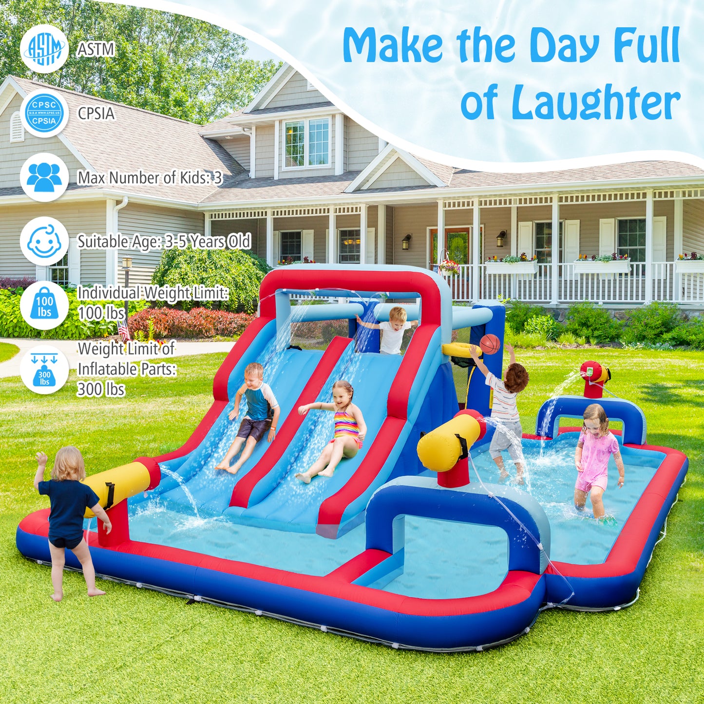 Inflatable Bounce House with 2 Water Slides and 3 Water Cannons With 735W Blower