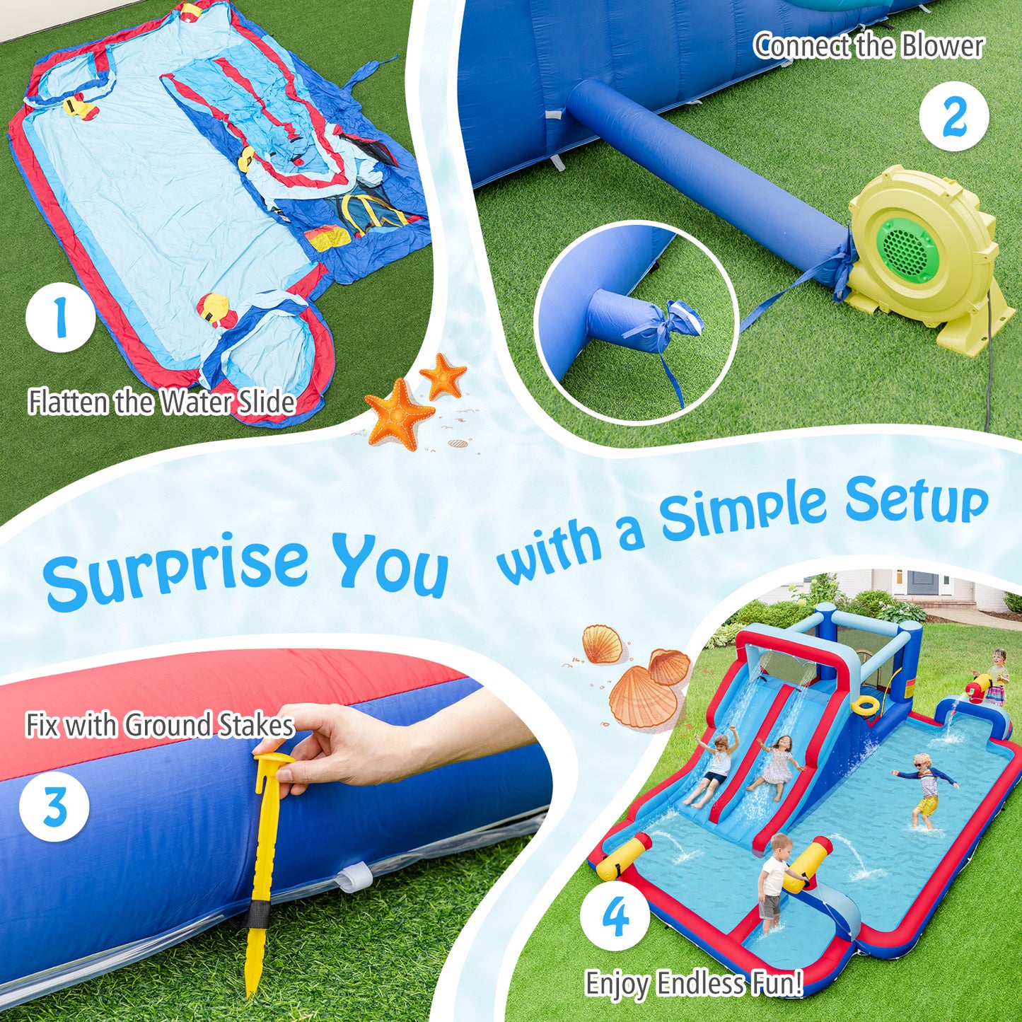 Inflatable Bounce House with 2 Water Slides and 3 Water Cannons With 735W Blower Kids Crystal