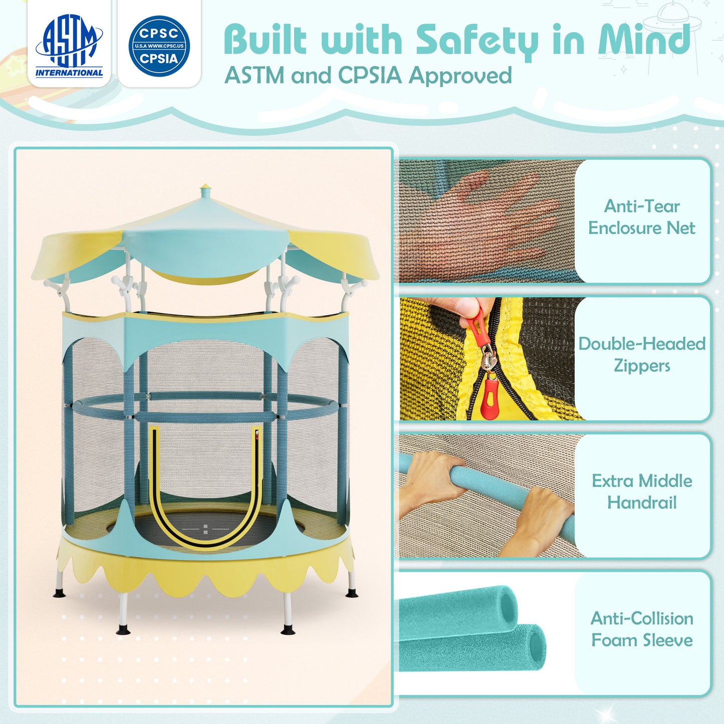 64 Inch Kids Trampoline with Detachable Canopy and Safety Enclosure Net-Yellow Kids Crystal