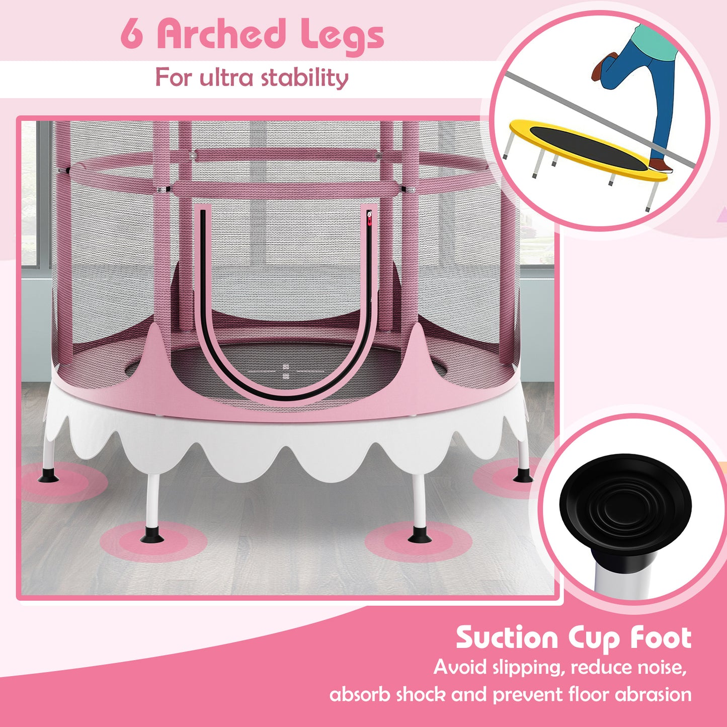 64 Inch Kids Trampoline with Detachable Canopy and Safety Enclosure Net-Pink Kids Crystal