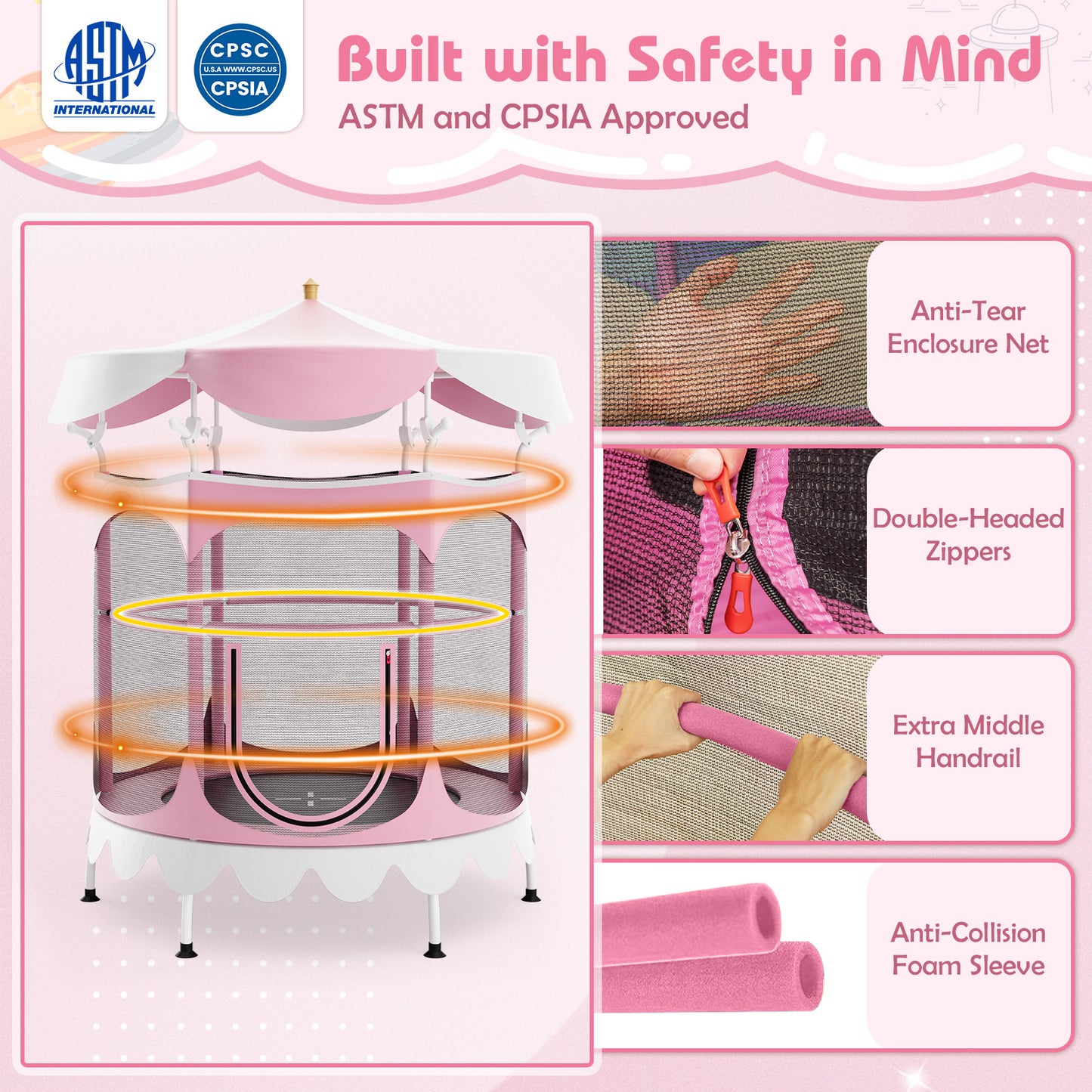 64 Inch Kids Trampoline with Detachable Canopy and Safety Enclosure Net-Pink Kids Crystal