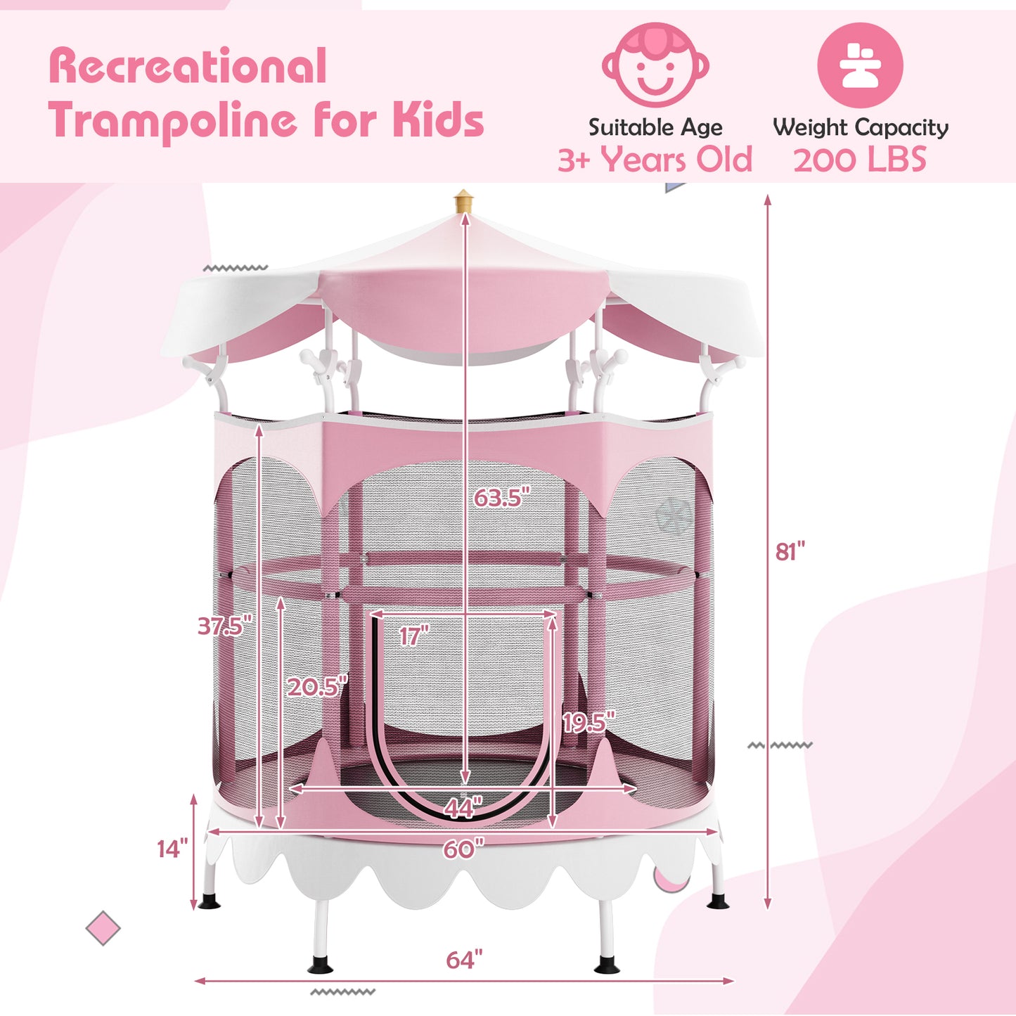 64 Inch Kids Trampoline with Detachable Canopy and Safety Enclosure Net-Pink Kids Crystal