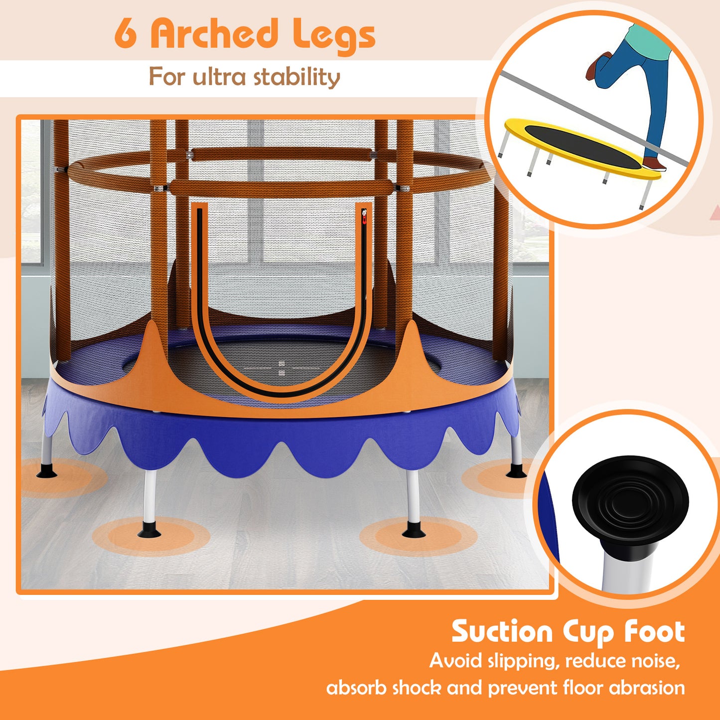64 Inch Kids Trampoline with Detachable Canopy and Safety Enclosure Net-Orange Kids Crystal