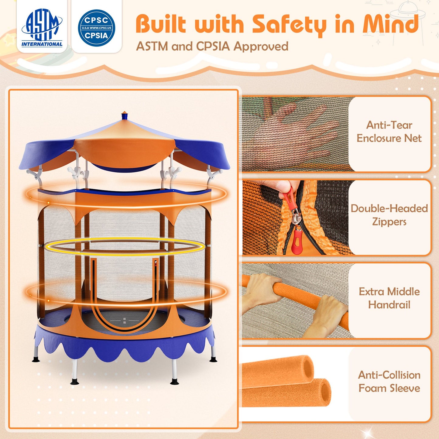 64 Inch Kids Trampoline with Detachable Canopy and Safety Enclosure Net-Orange Kids Crystal