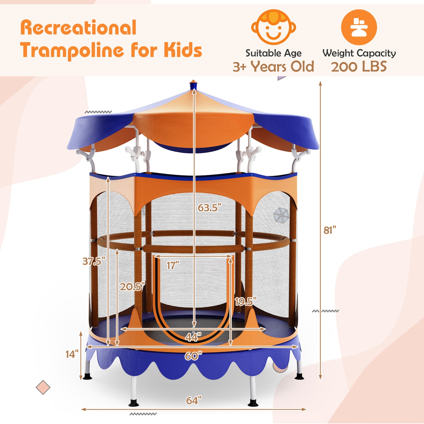 64 Inch Kids Trampoline with Detachable Canopy and Safety Enclosure Net-Orange Kids Crystal