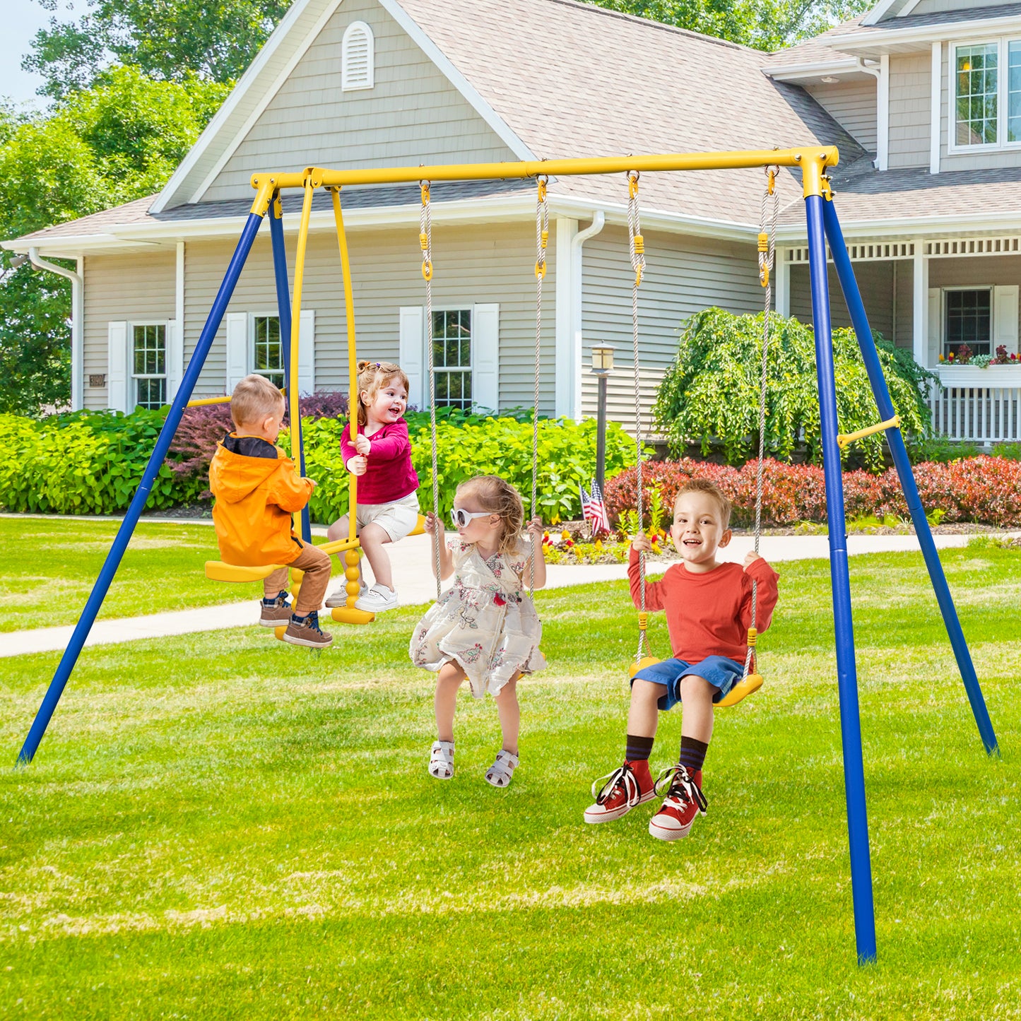 Metal Swing Set for Backyard with 2 Swing Seats and 2 Glider Seats-Blue Kids Crystal