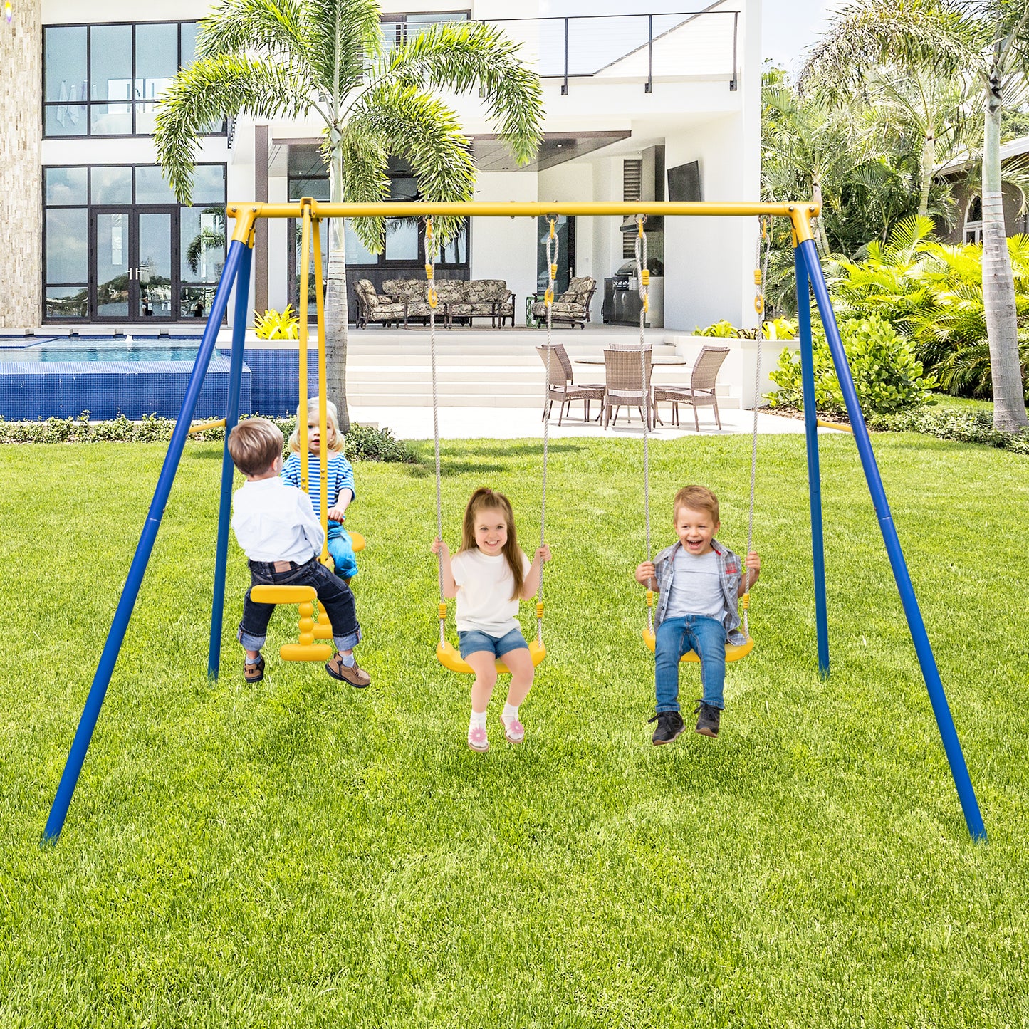 Metal Swing Set for Backyard with 2 Swing Seats and 2 Glider Seats-Blue Kids Crystal
