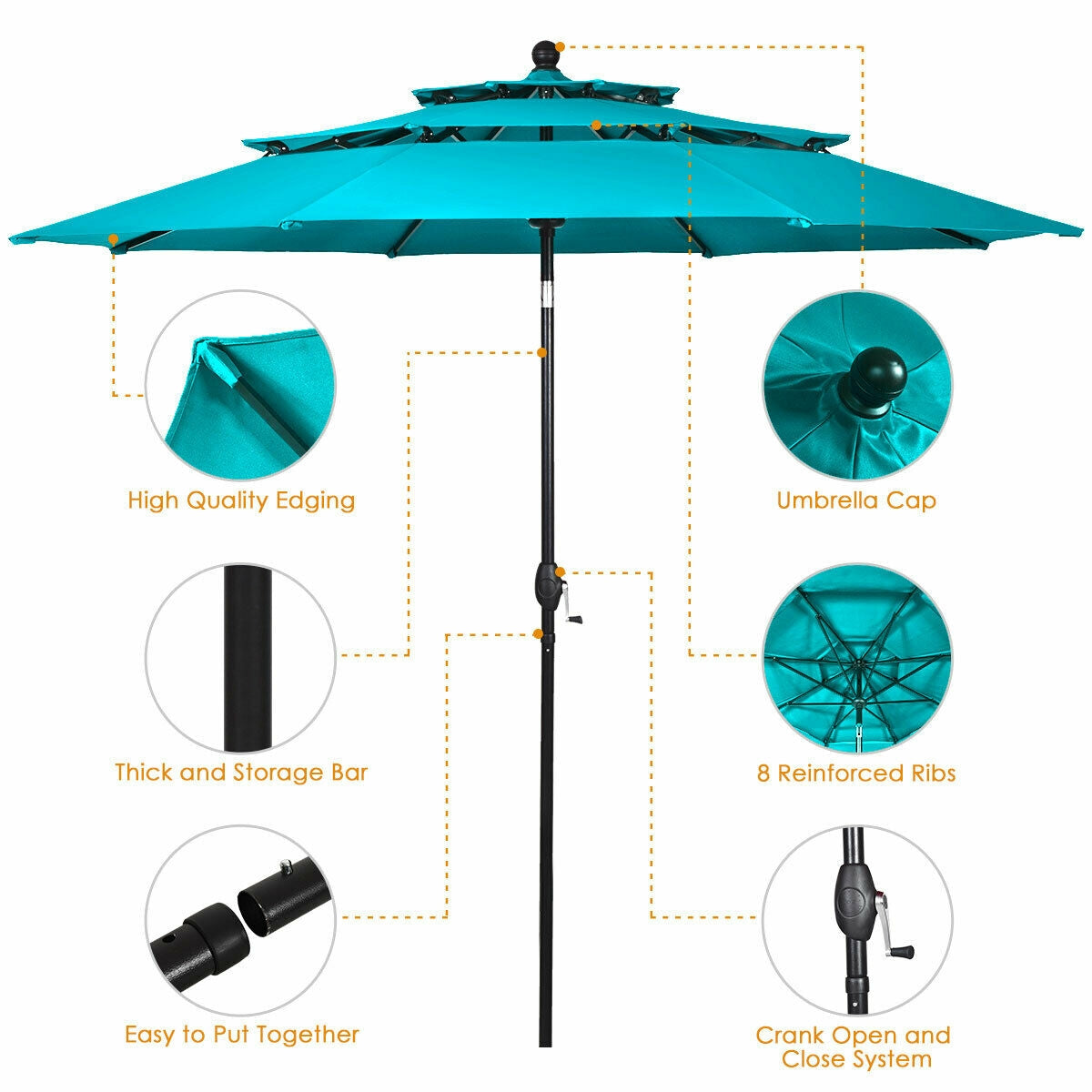 10ft 3 Tier Outdoor Patio Umbrella with Double Vented-Turquoise Kids Crystal