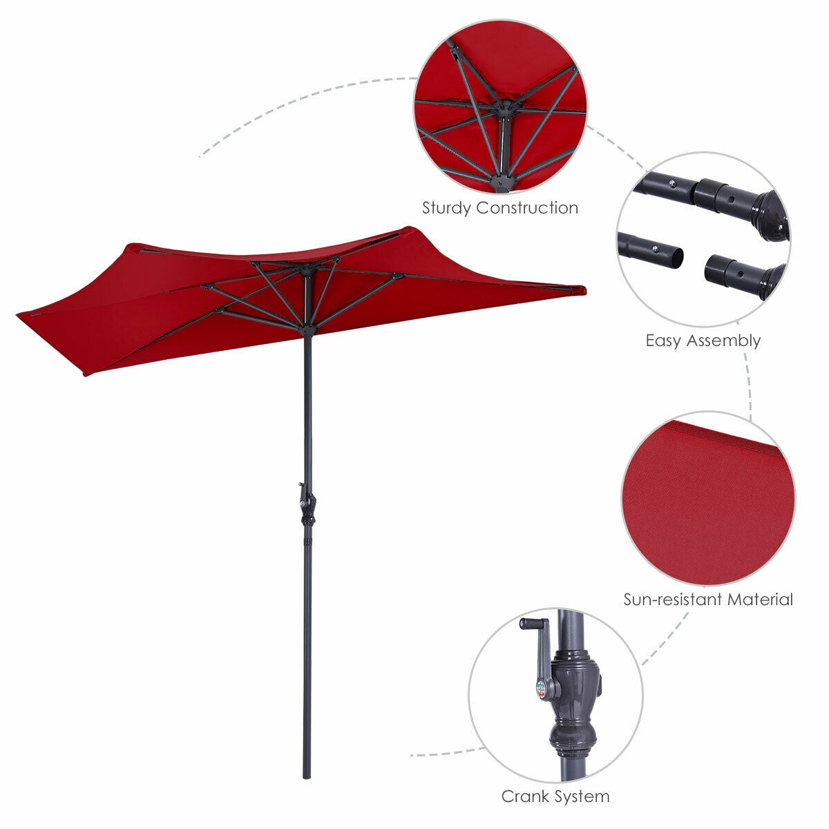9Ft Patio Bistro Half Round Umbrella -Wine Kids Crystal