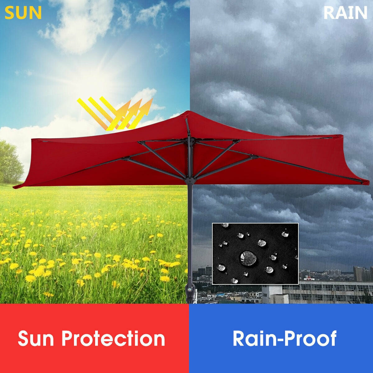 9Ft Patio Bistro Half Round Umbrella -Wine Kids Crystal
