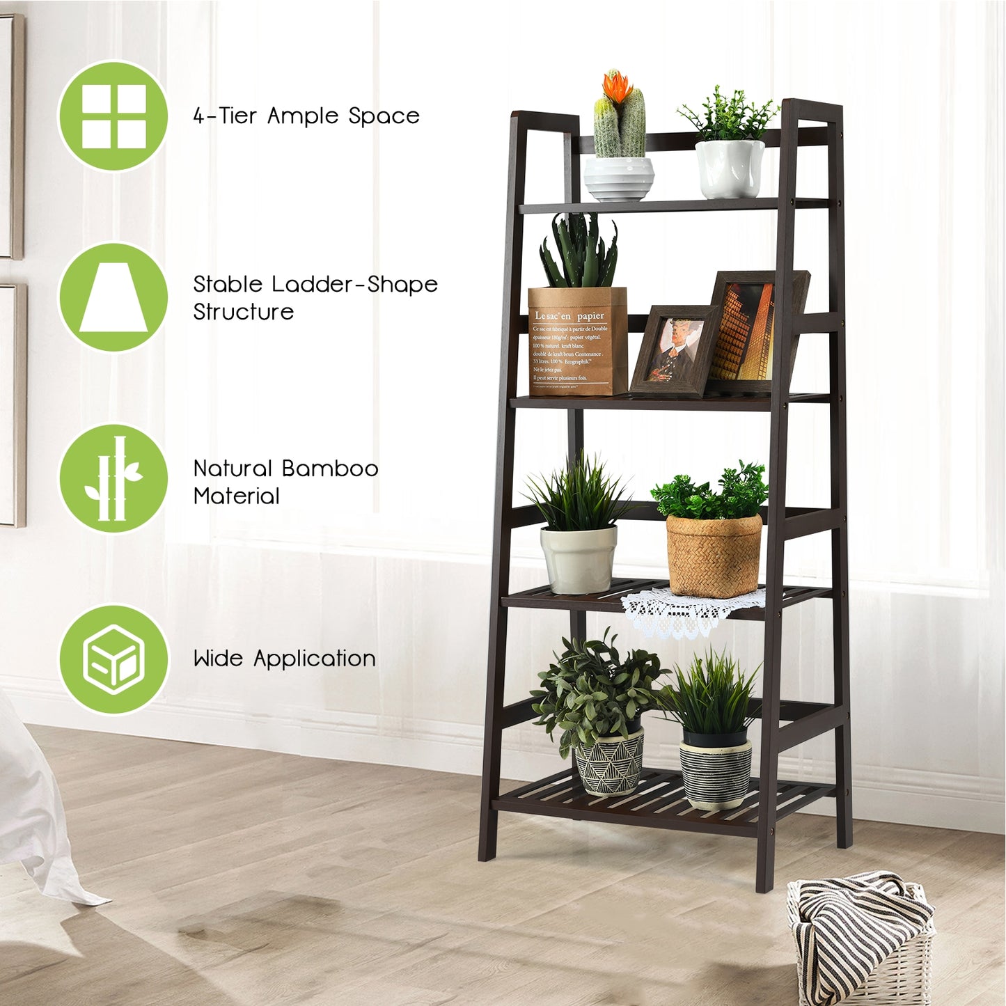 4-Tier Bamboo Plant Rack with Guardrails Stable and Space-Saving-Brown Kids Crystal
