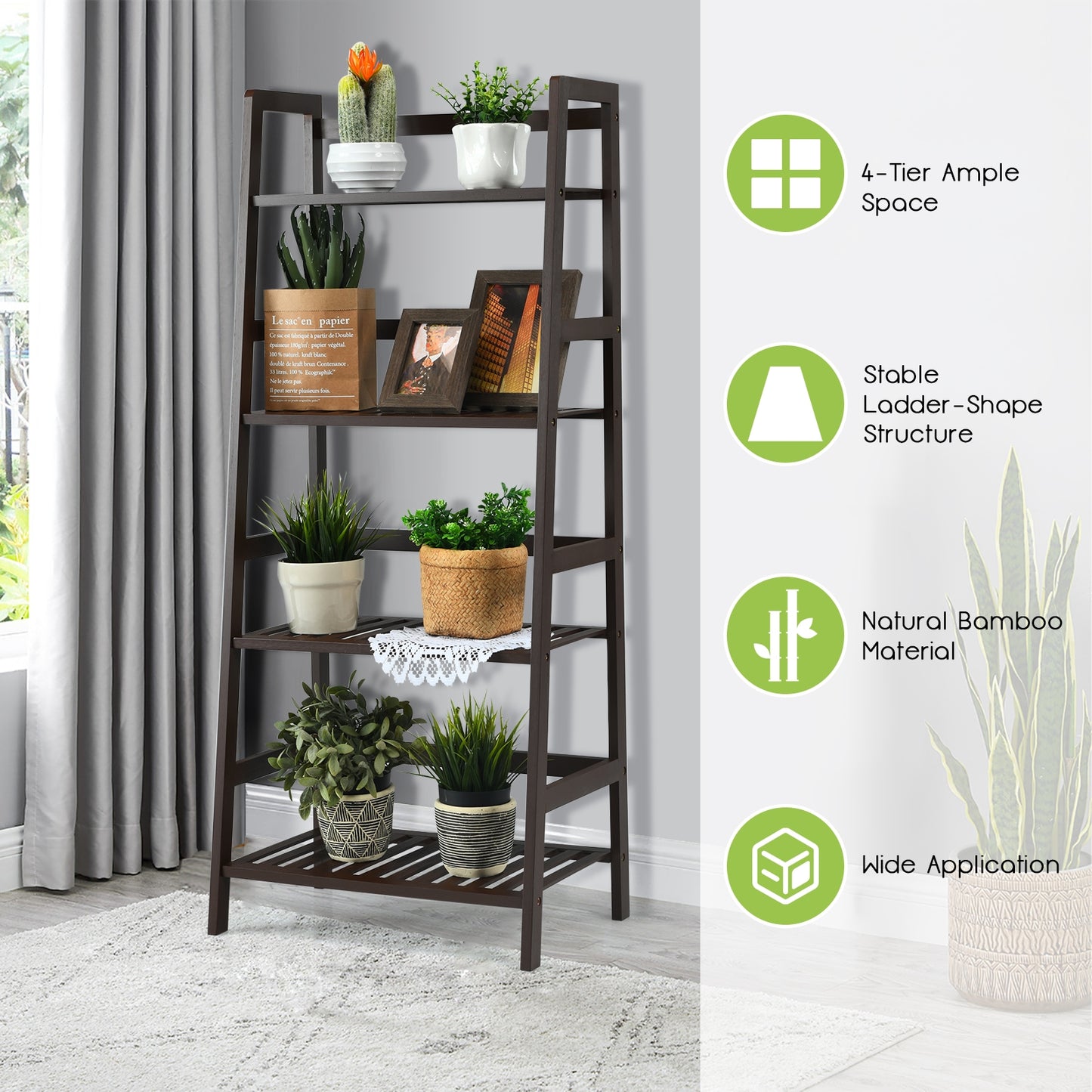 4-Tier Bamboo Plant Rack with Guardrails Stable and Space-Saving-Brown Kids Crystal