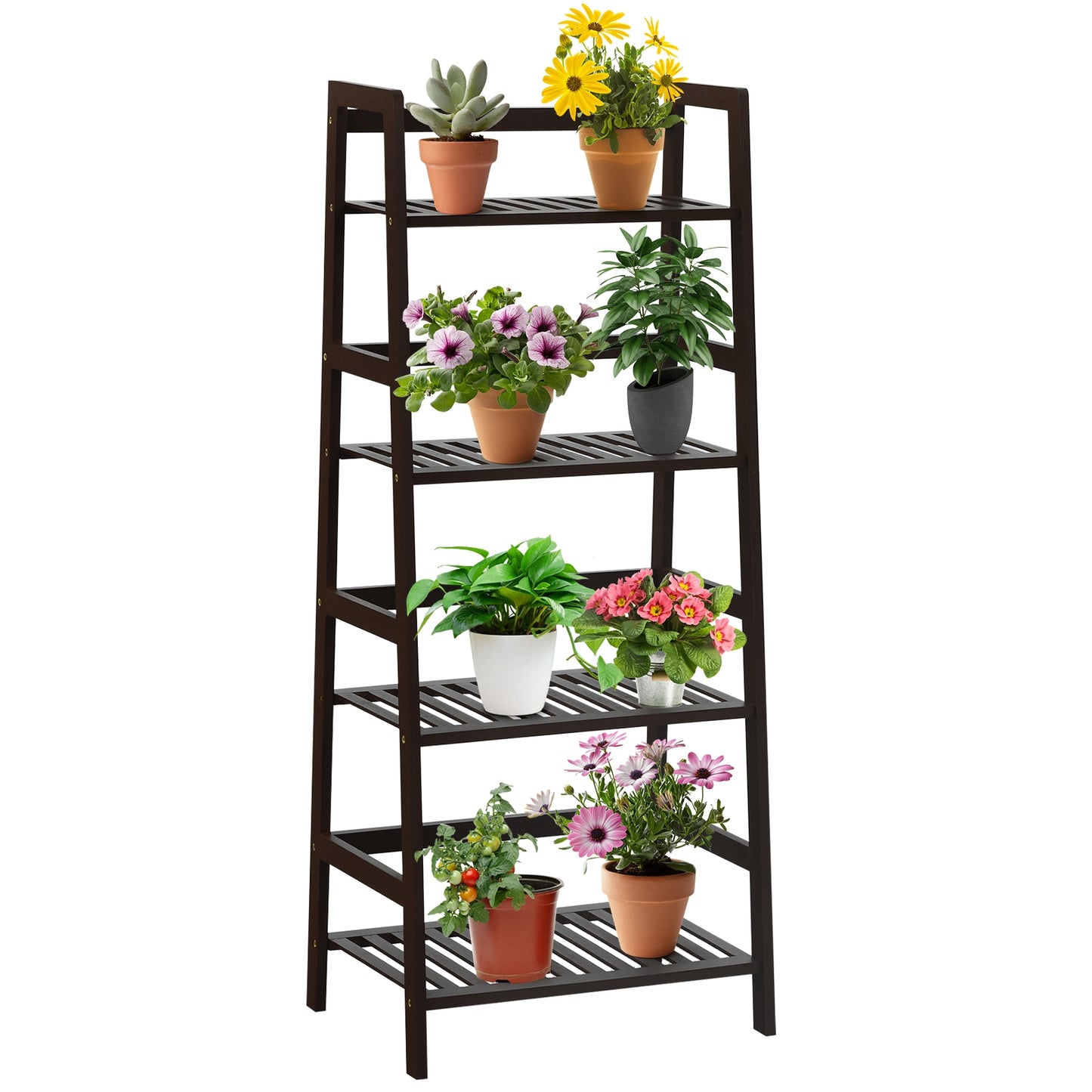 4-Tier Bamboo Plant Rack with Guardrails Stable and Space-Saving-Brown Kids Crystal