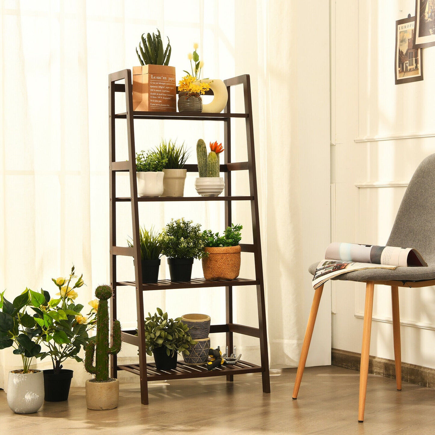 4-Tier Bamboo Plant Rack with Guardrails Stable and Space-Saving-Brown Kids Crystal