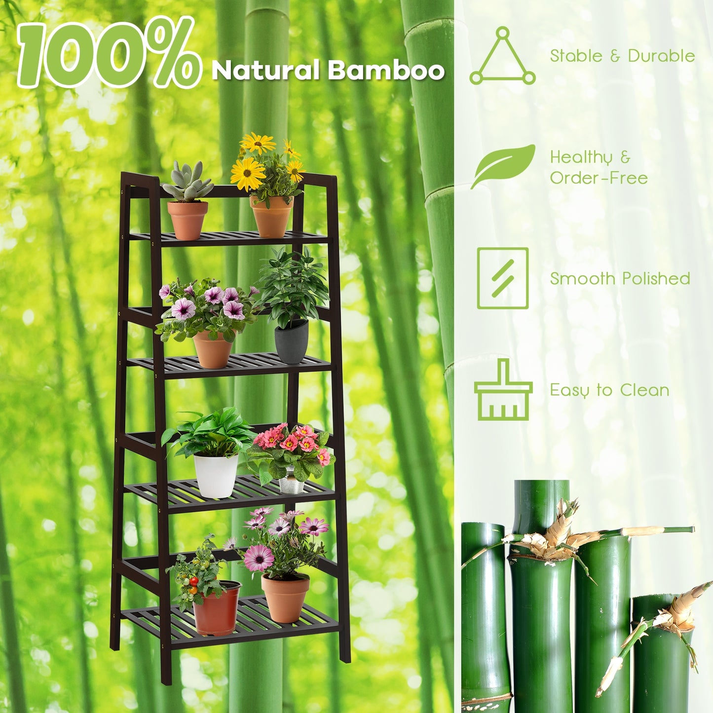 4-Tier Bamboo Plant Rack with Guardrails Stable and Space-Saving-Brown Kids Crystal