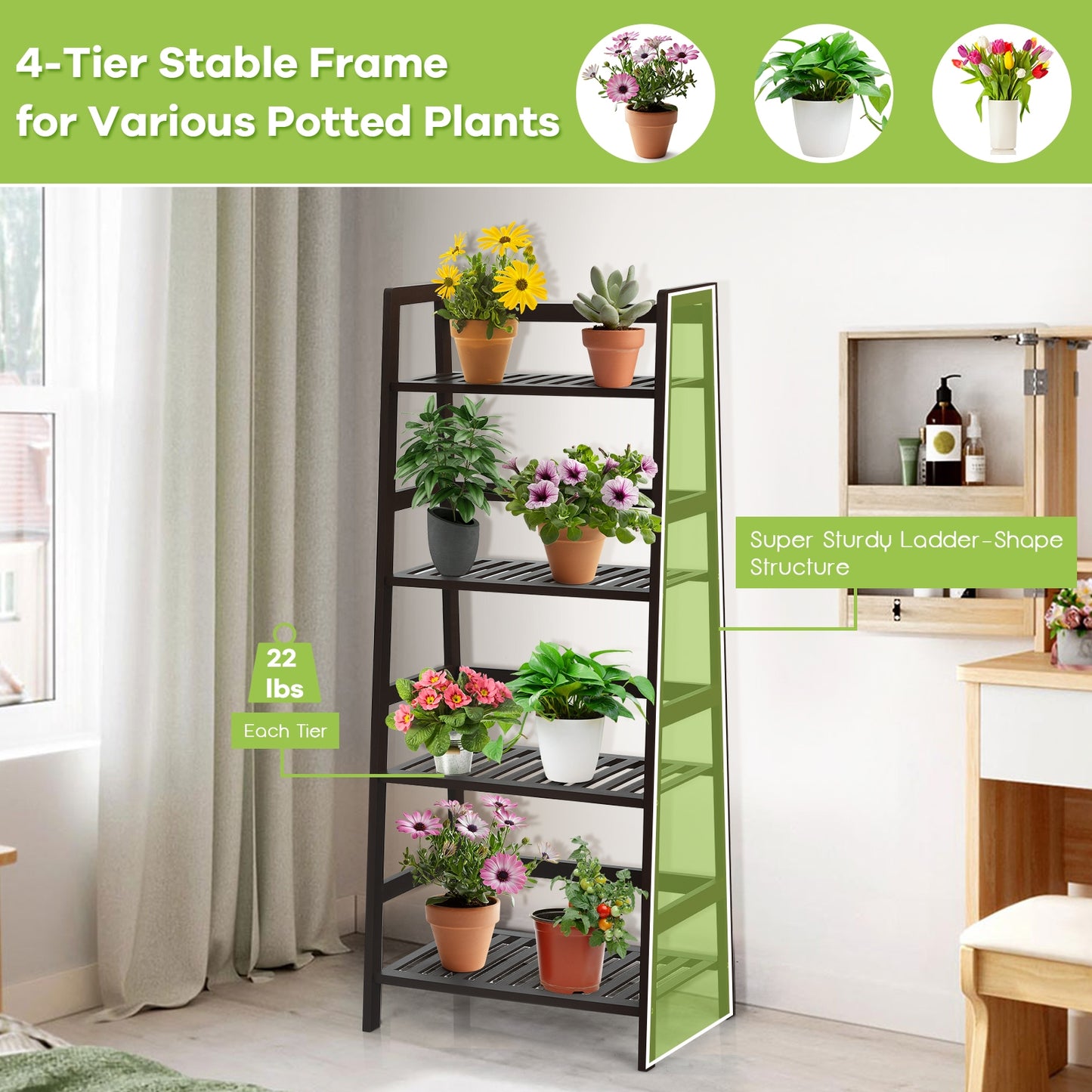 4-Tier Bamboo Plant Rack with Guardrails Stable and Space-Saving-Brown Kids Crystal