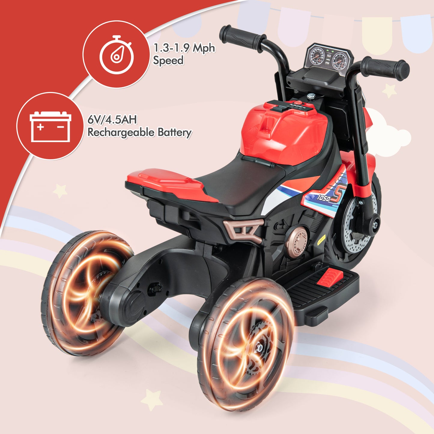 Kids Ride-on Motorcycle 6V Battery Powered Motorbike with Detachable Training Wheels-Red Kids Crystal
