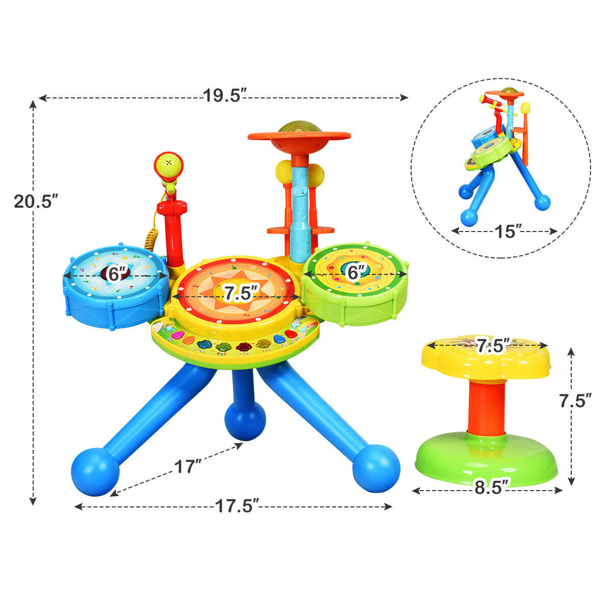 Electric Jazz Drum Set with Stool Microphone and LED Light Kids Crystal