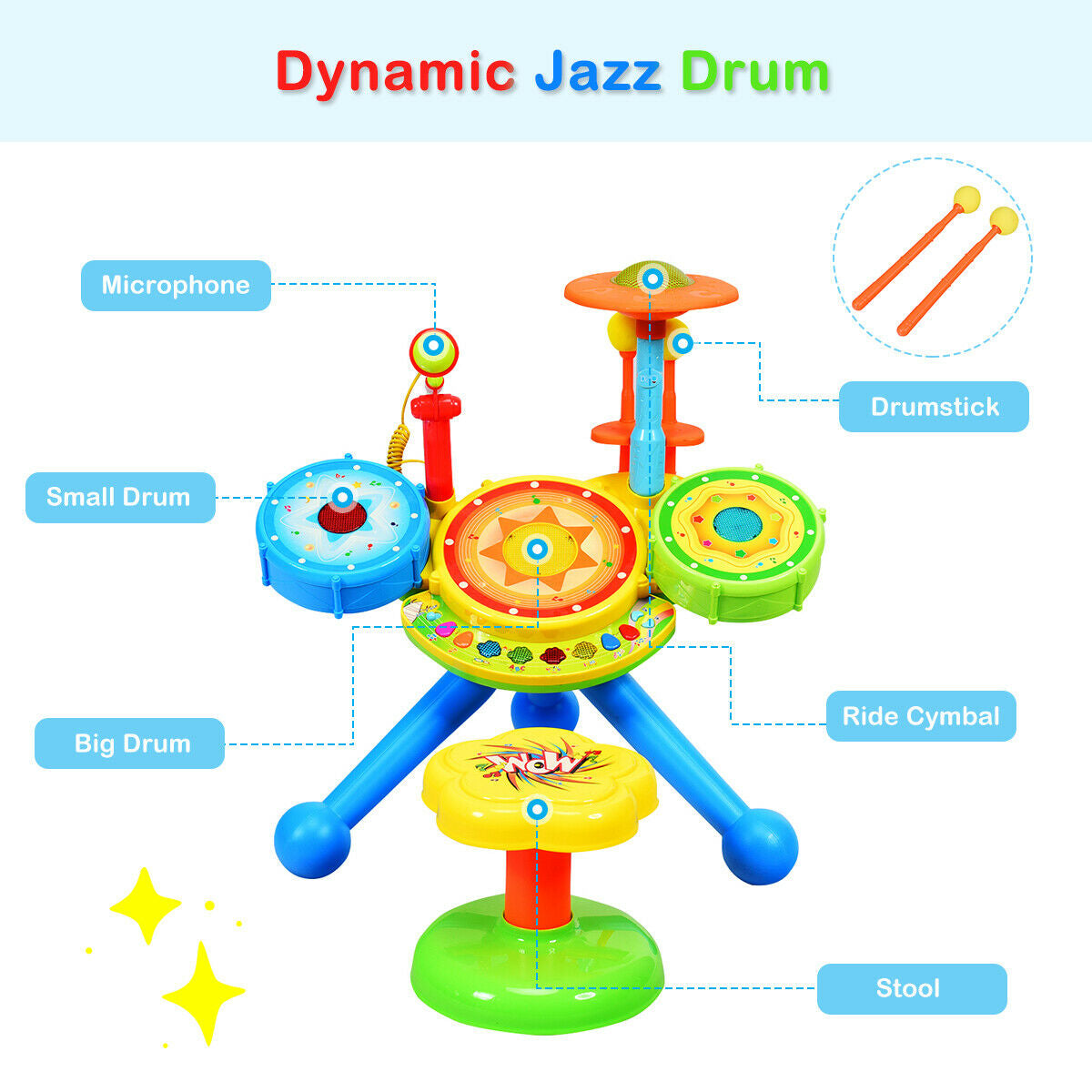 Electric Jazz Drum Set with Stool Microphone and LED Light Kids Crystal