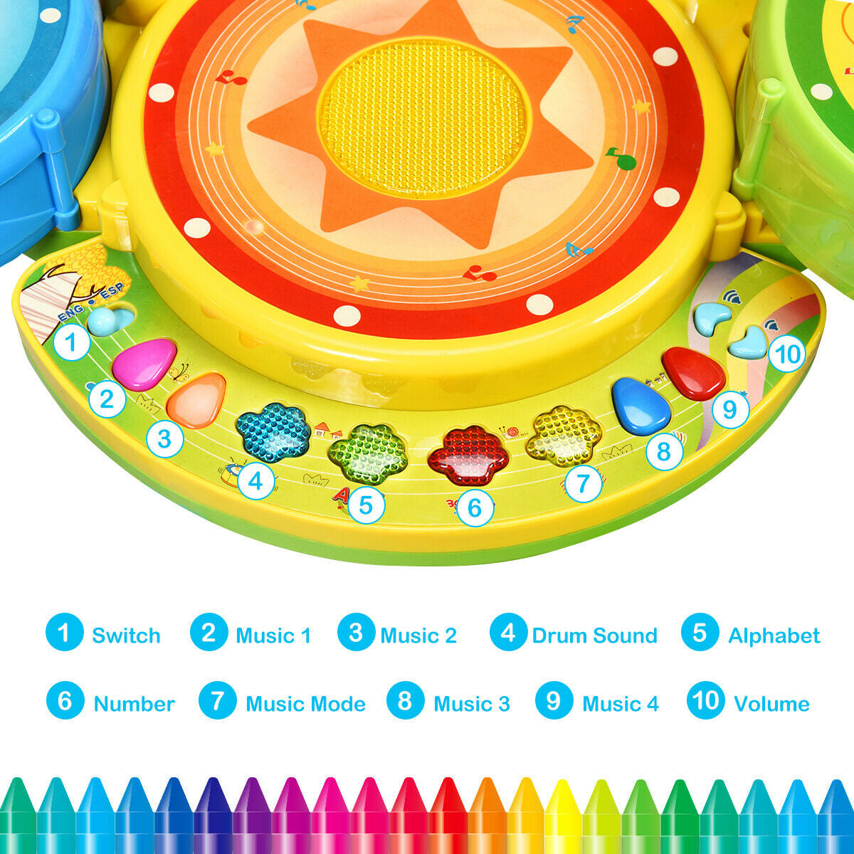 Electric Jazz Drum Set with Stool Microphone and LED Light Kids Crystal