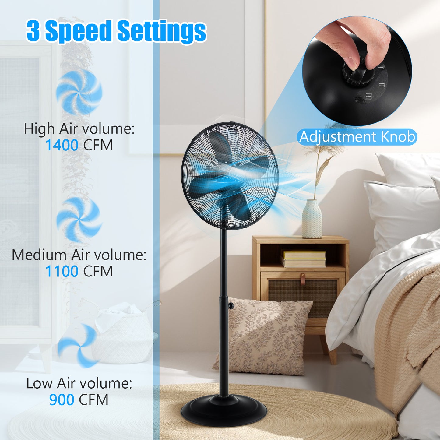16 Inch Pedestal Standing Fan Oscillating Pedestal Fan with 3 Speeds and Adjustable Height-Black Kids Crystal